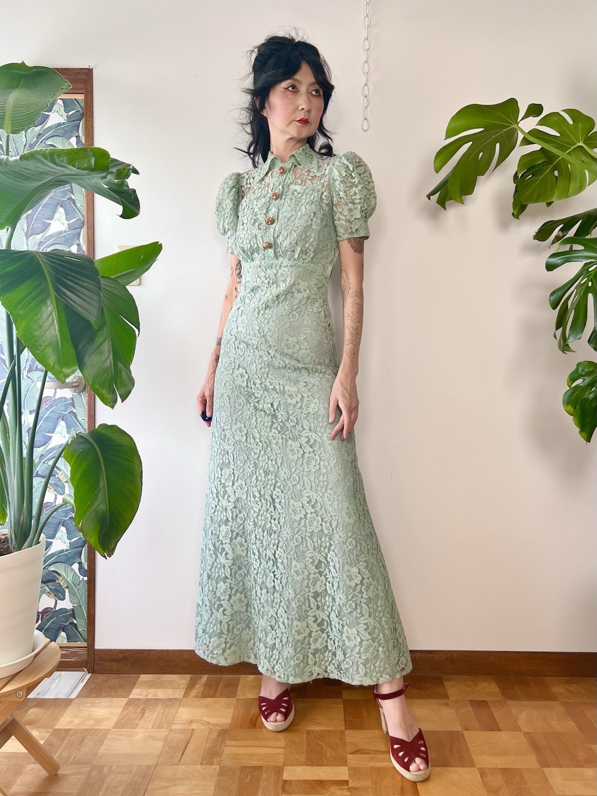 1930s Seafoam Green Floral Sheer Lace Puff Sleeves Gown Dress XS/S Old Hollywood