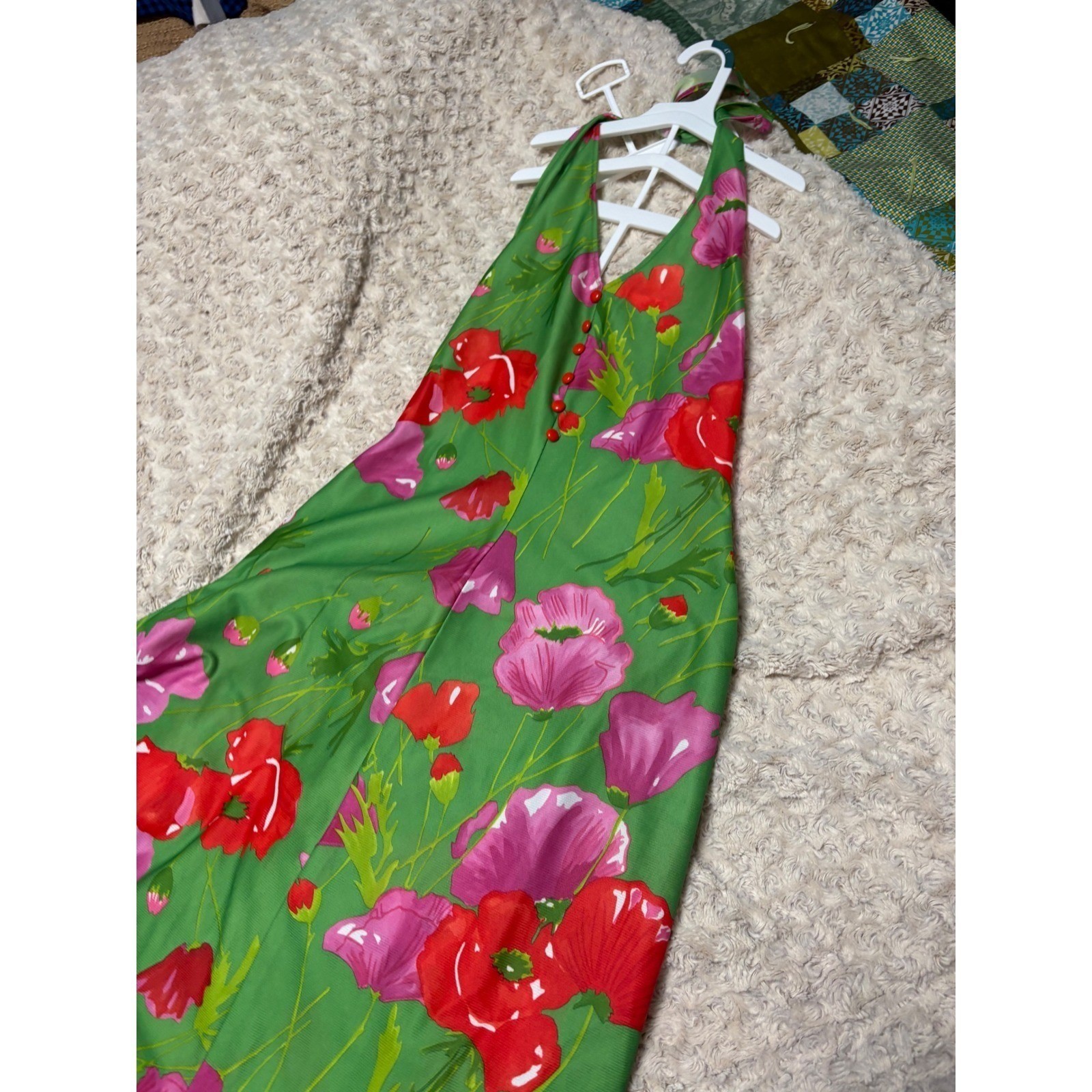 Vintage Aldens Fashions Maxi Dress Green Floral Halter Dress 70s Style Party grn