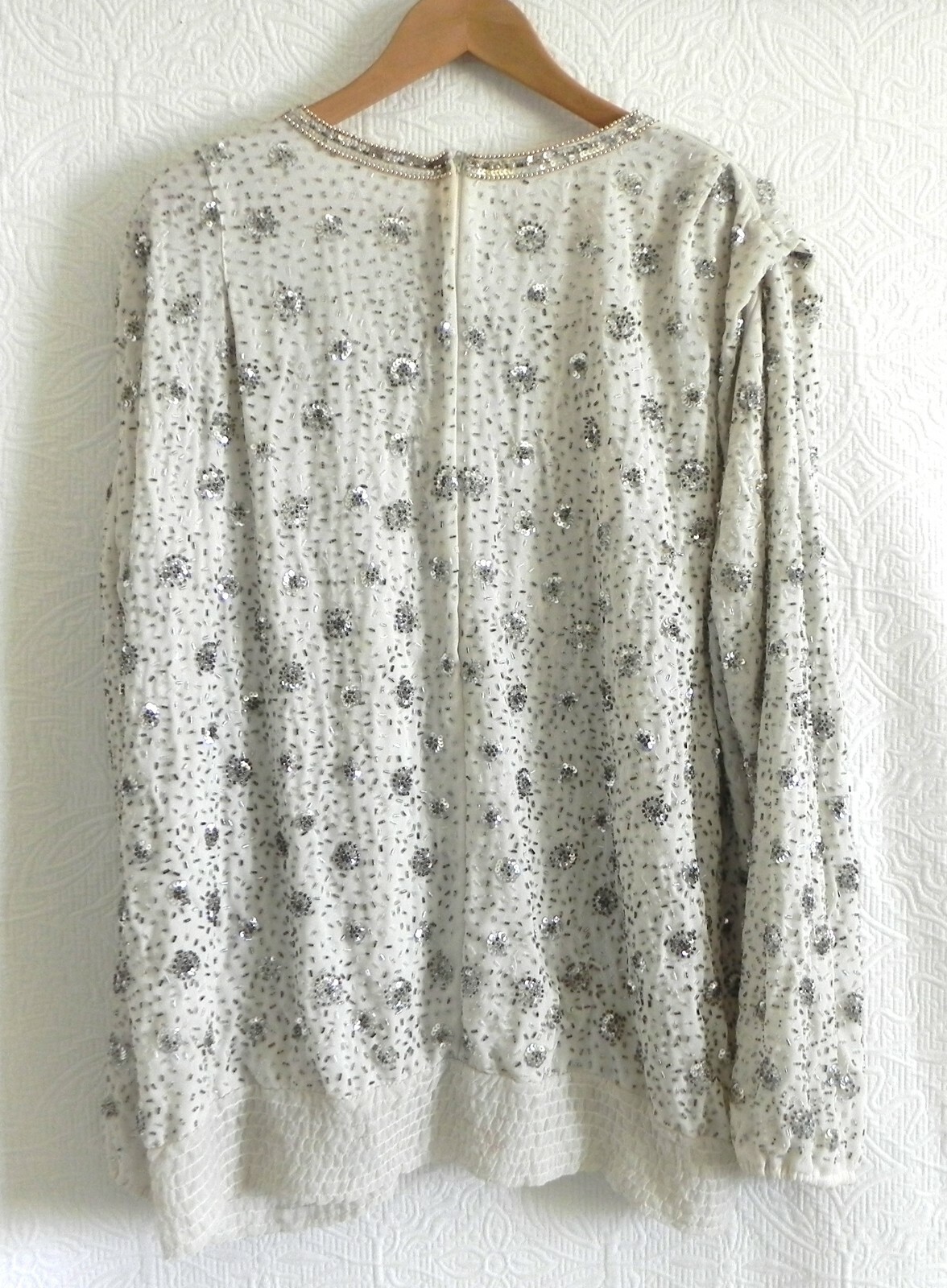 Vtg Jack Bryan Tunic Sequin/Bead Chiffon Lined Long Sleeve Ivory Over-Sized 12