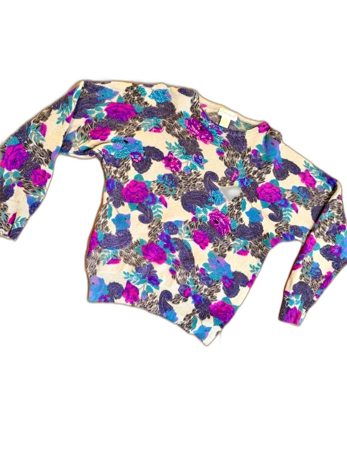 Vintage 80s Eminent Beaded Floral Lambswool Blend Sweater – Size M Dolman