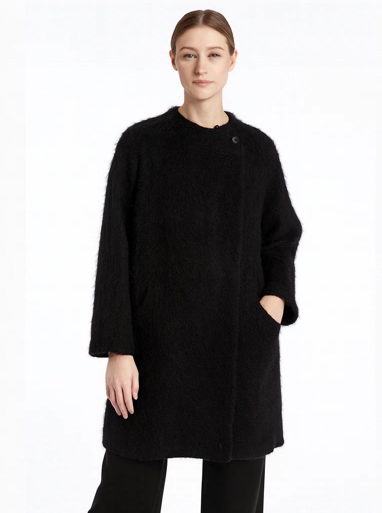 Marimekko Mollis Mohair Wool Blend Black Sack Coat Hidden Snap Pockets L