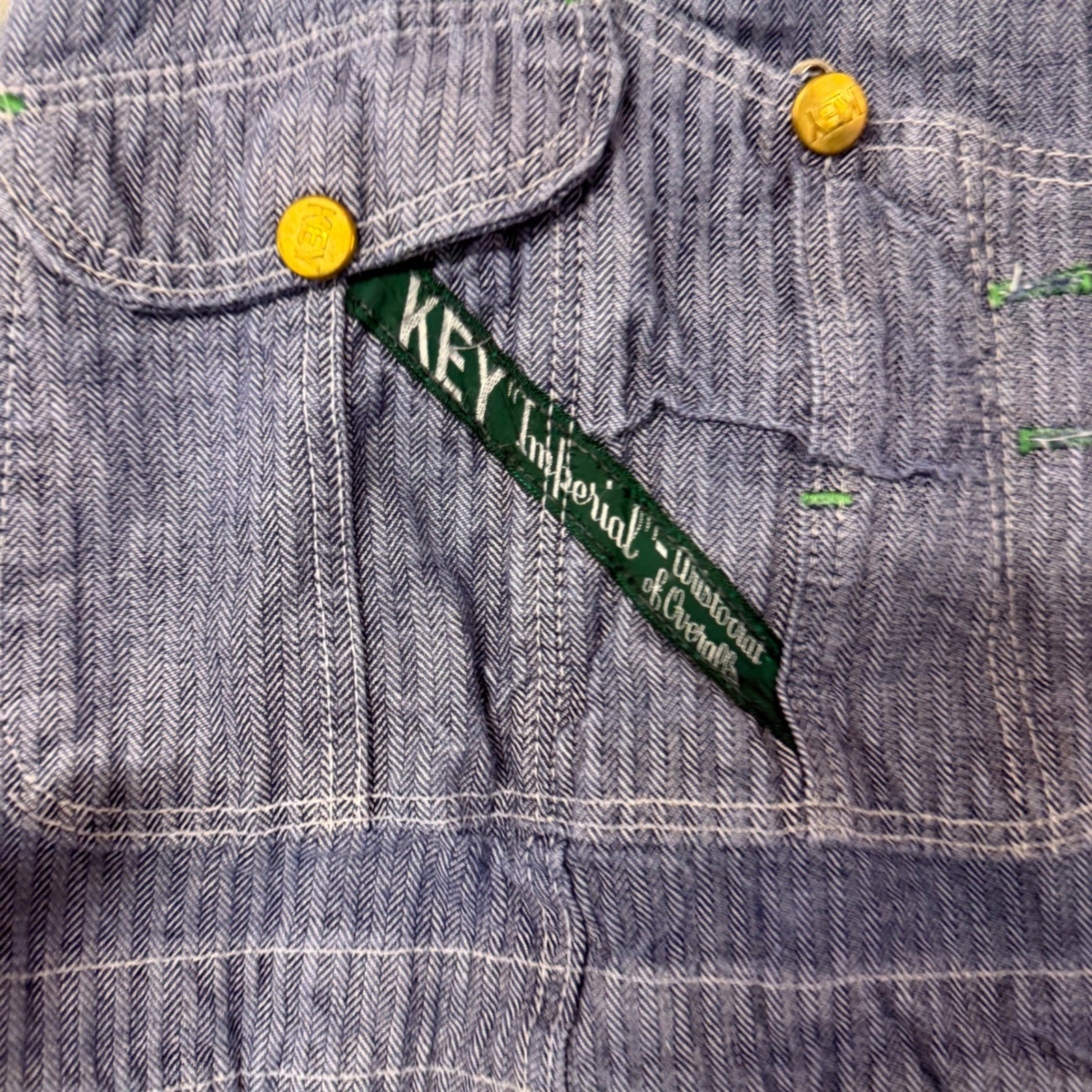 Vintage Key Imperial Hickory Stripe Denim Bib Overall Dress Raw Hem Blue White