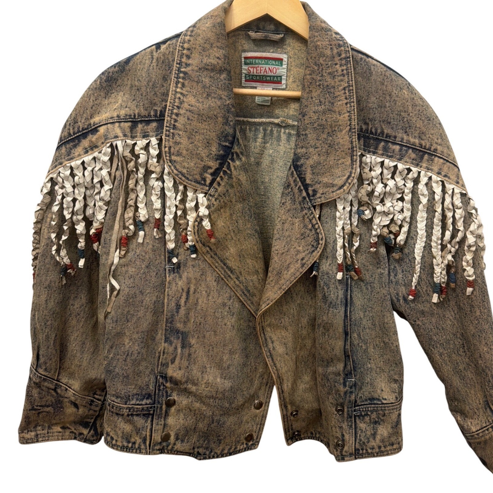 Vtg 80s Stefano International Western Acid Wash Denim Jacket Leather Fringe L