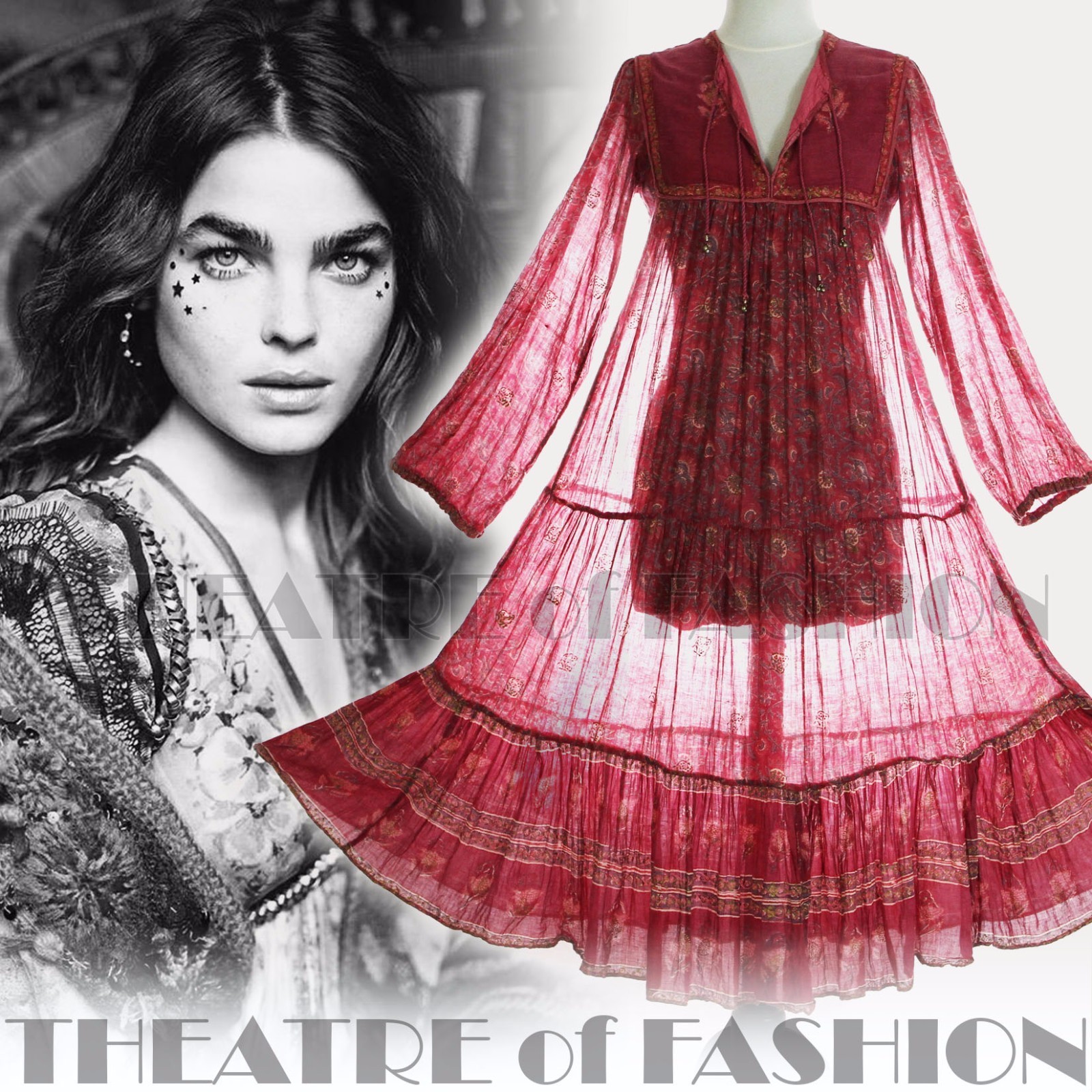 DRESS INDIAN PHOOL VINTAGE 70s WEDDING 6 8 10 12 14 60s HIPPY BOHO GAUZE GODDESS