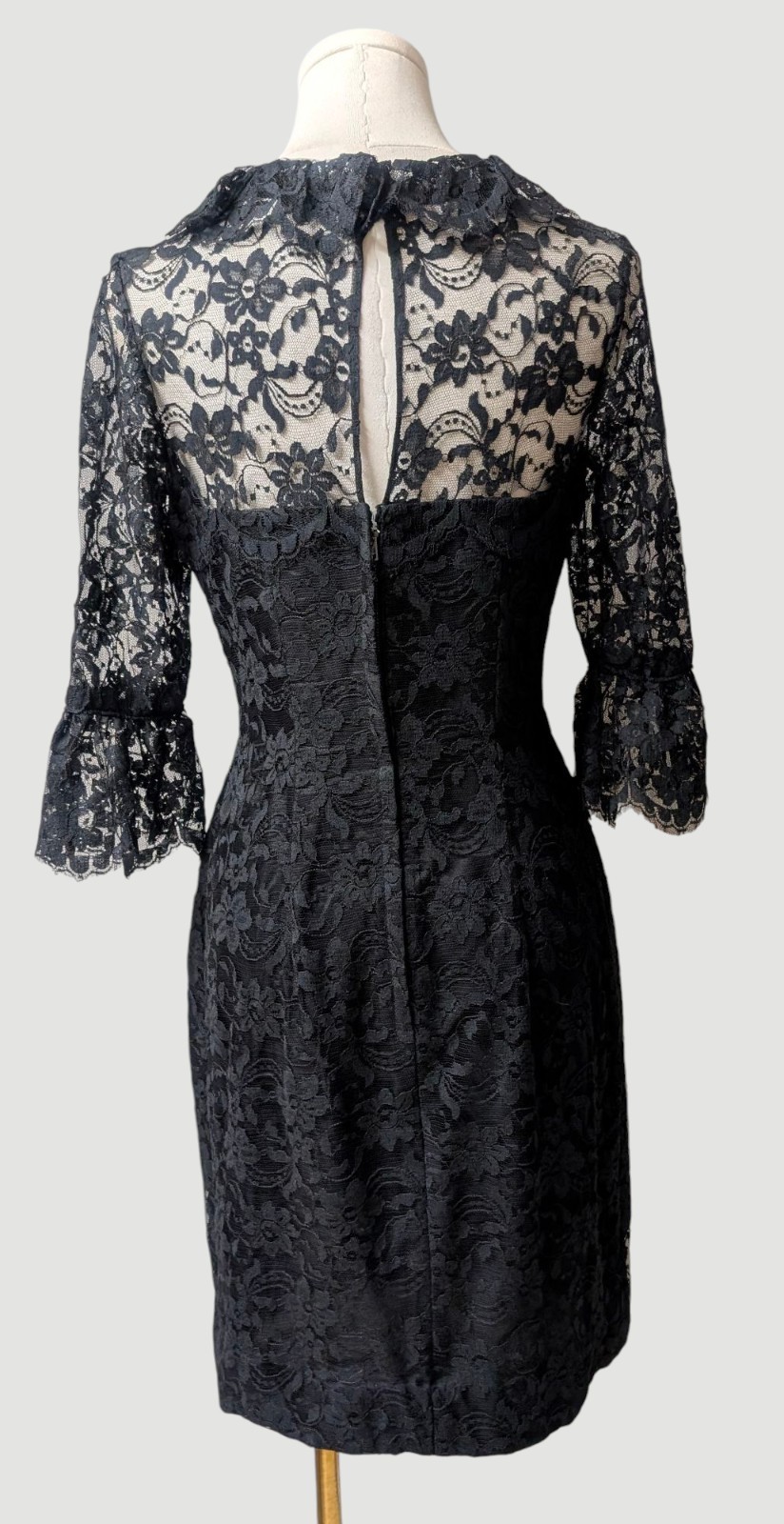 Joseph Magnin Vintage 60’s Black Lace Cocktail Illusion Dress Bell Cuffs LBD S