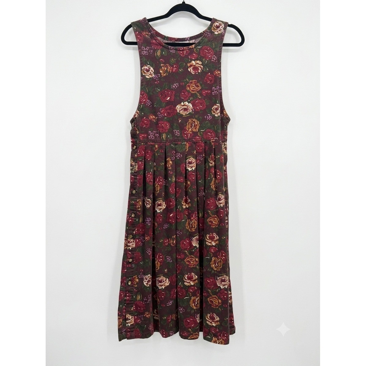 Vintage Pierre Cardin Floral Cotton Pinafore Jumper Dress Burgundy Rose Small