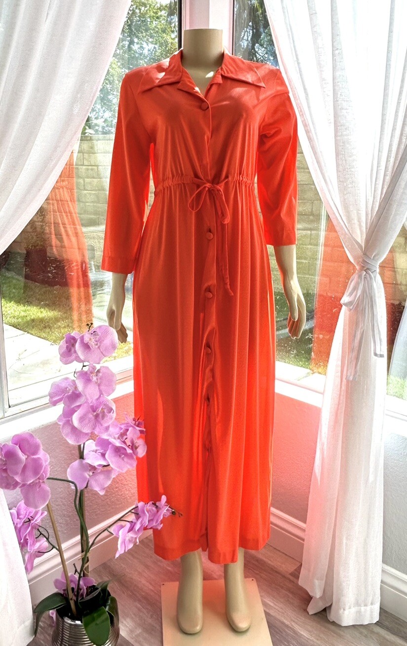 Vintage Sleep Gown Size M Orange Button Down Lisanne Distinctive Loungewear