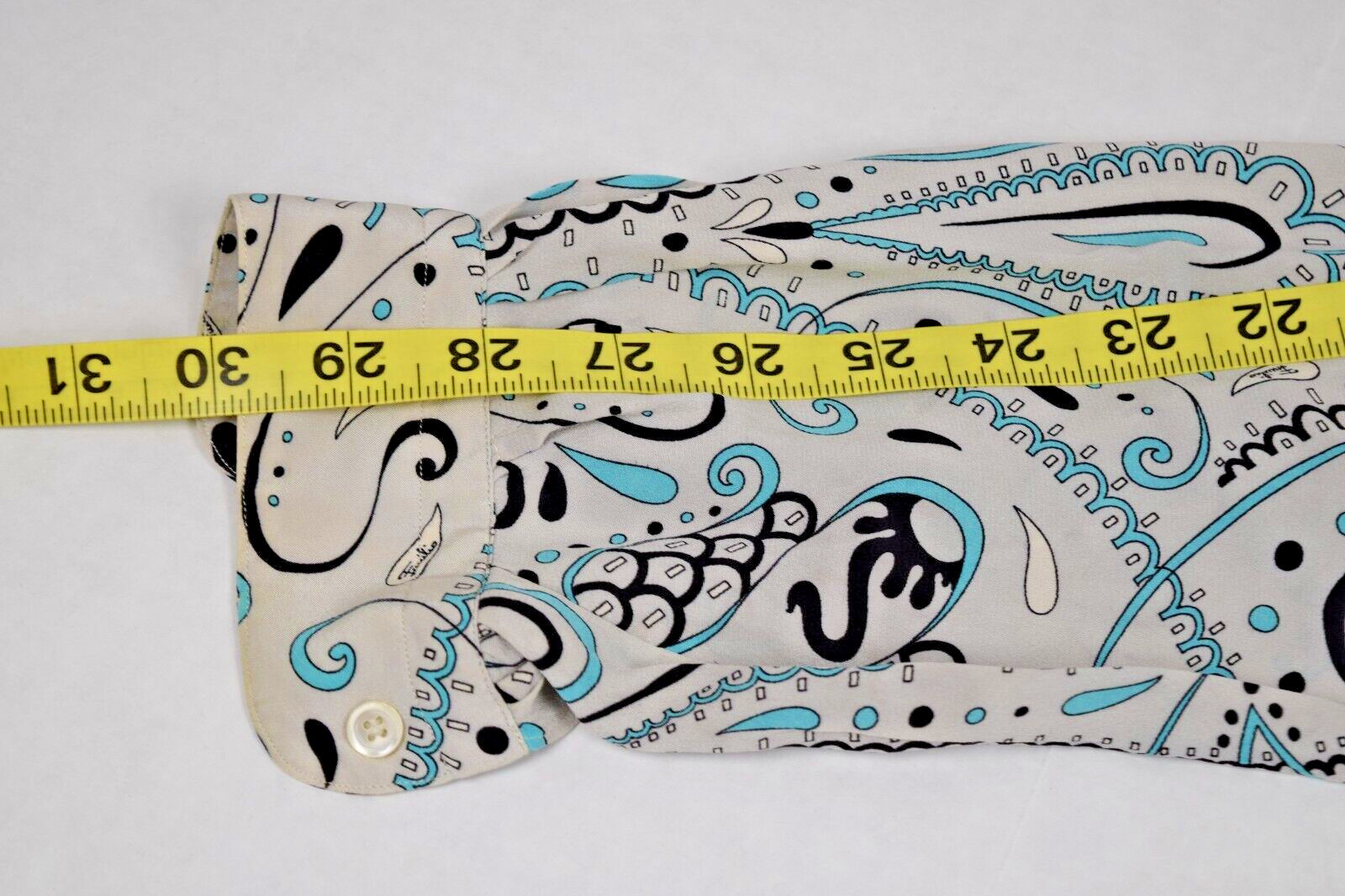 Vintage Emilio Pucci Shirt Size S/M 60s Pale Gray Turquoise Black Paisley Swirls