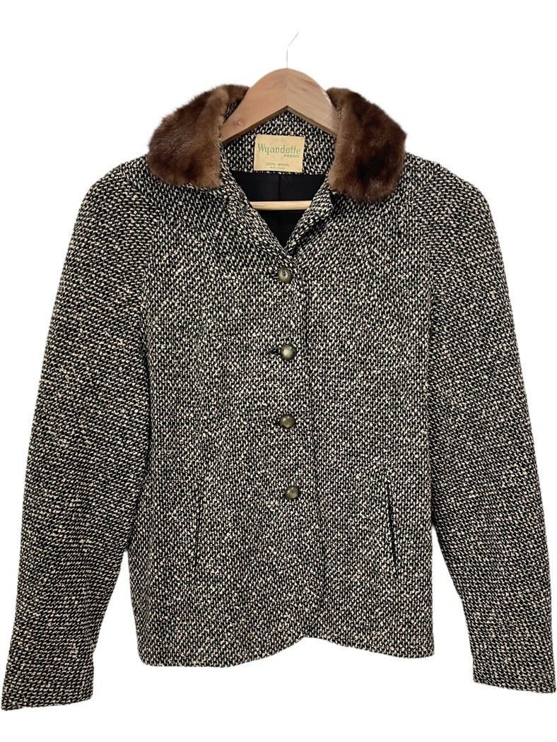 1950s Vintage Wyandotte Wool Tweed Jacket Women’s L Real Fur Collar Mid Century