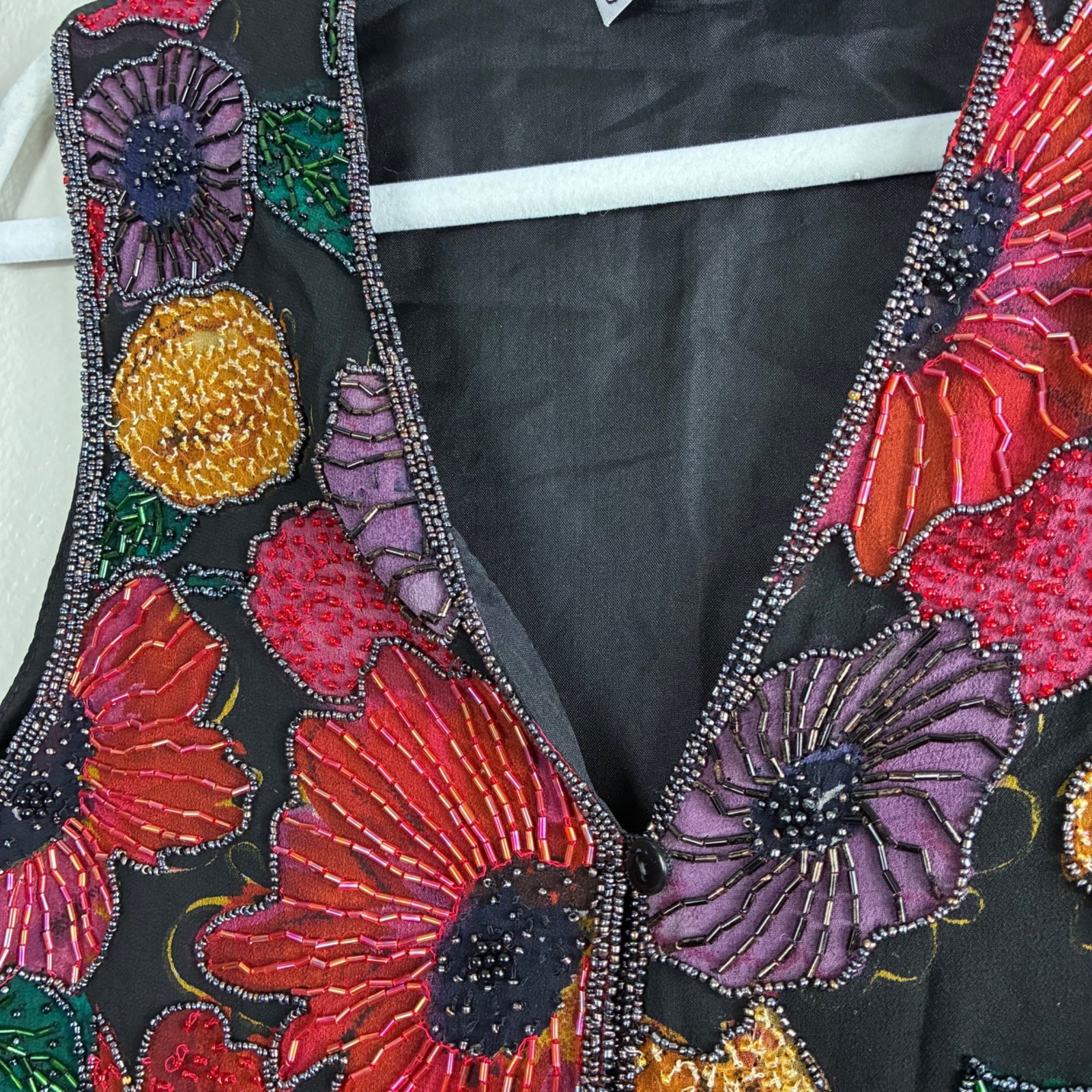 VTG 80s/90s Styleworks Silk Beaded Floral Vest M Black Boho Maximalist Artsy