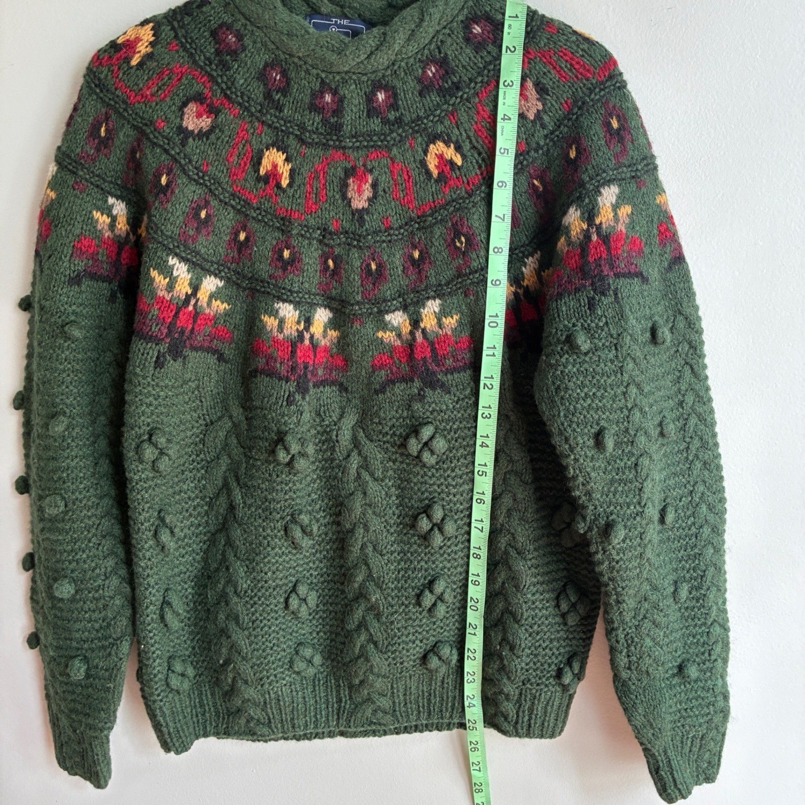 Woolrich Sweater Women Medium Green Vintage Wool Fair Isle Bobble Cable Knit