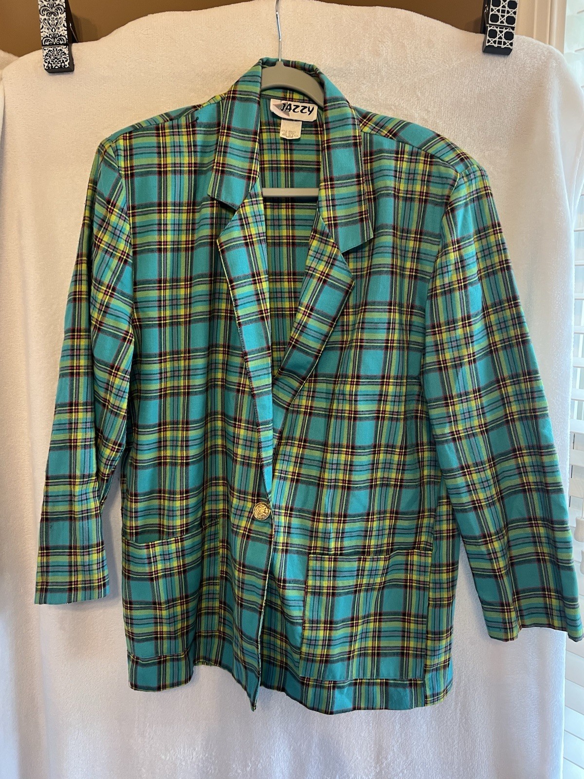 VTG Made In The USA Jazzy Blazer Women’s (M) Turquoise Plaid Preppy. JZ151