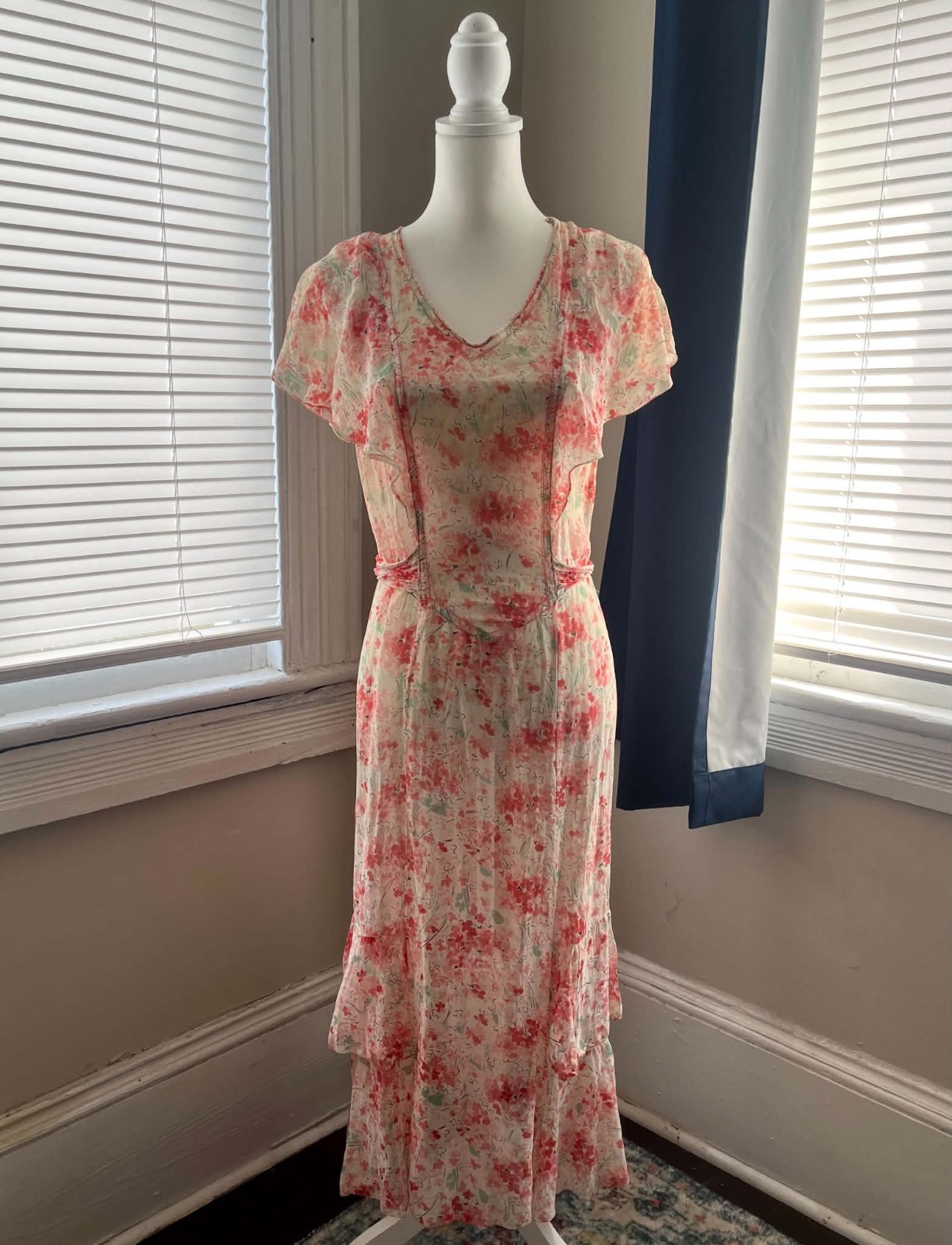 Vtg Women’s 30s 40s Sheer Floral Chiffon Garden Dress Adjustable S-M 1930s