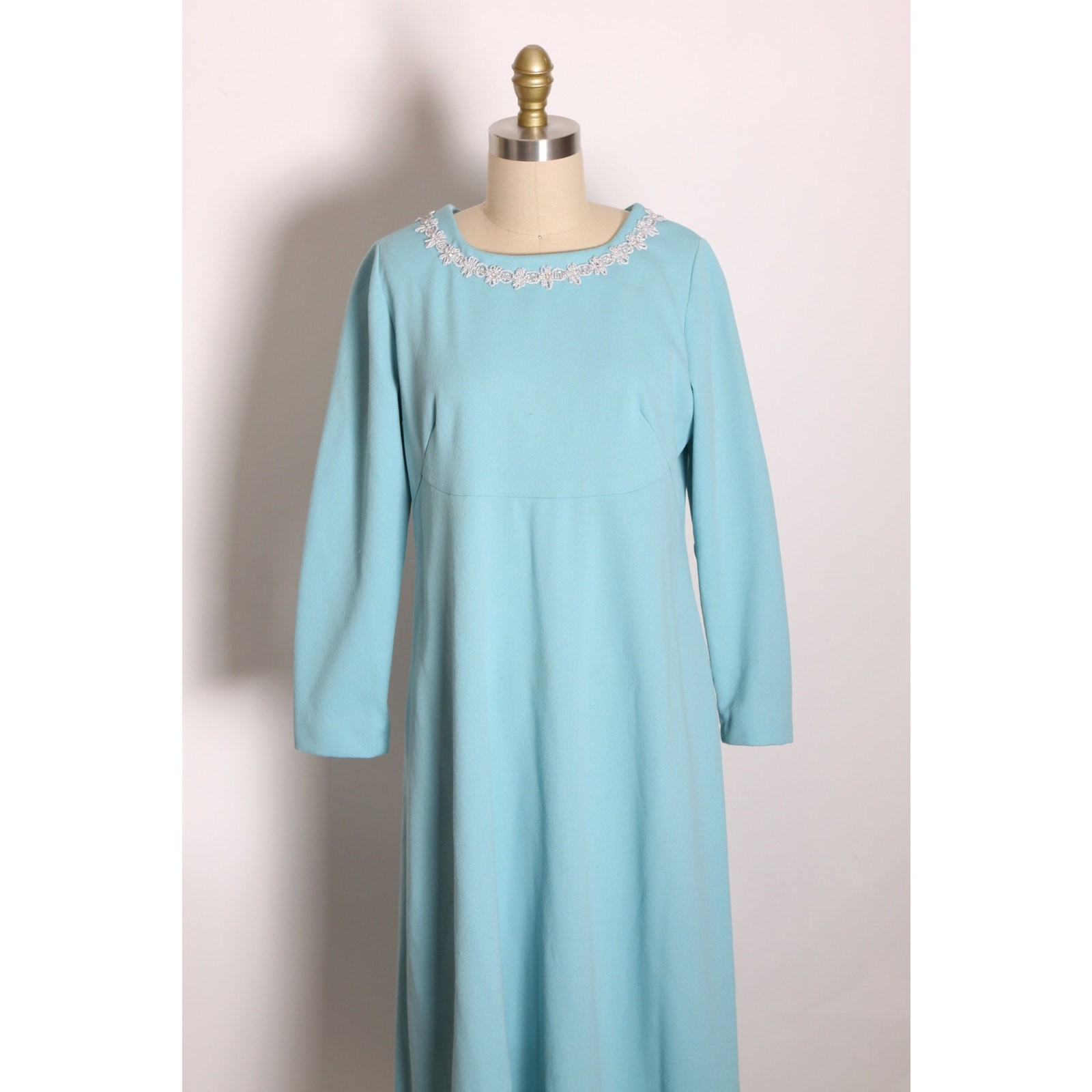 1960s Blue 3/4 Length Sleeve Empire Waist Silver Trim Mod Dress