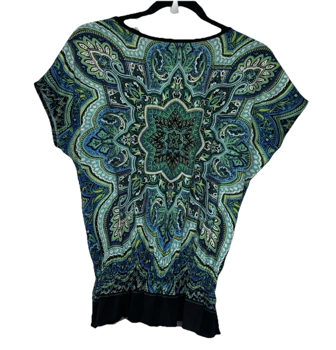 Vtg Carol Rose Peplum Top Blouse Petite Med Teal Lime Black Paisley Boho Peasant