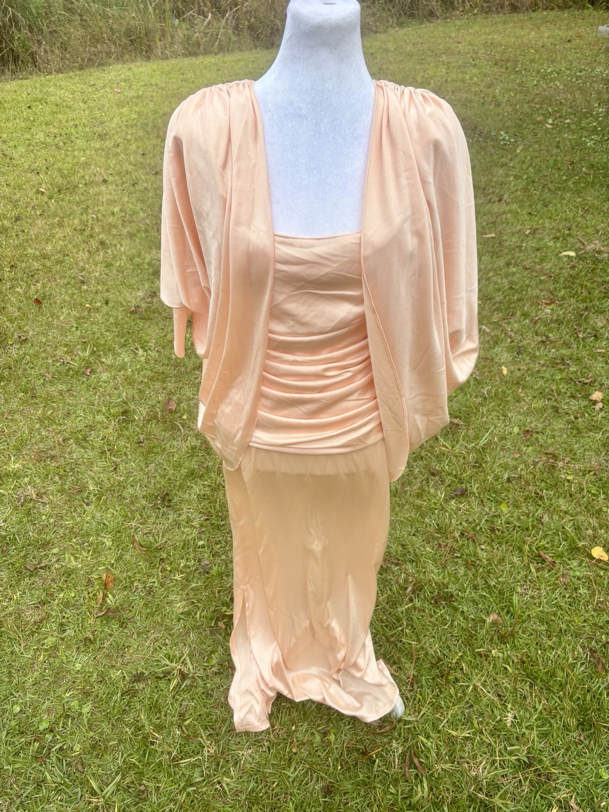 Vintage Peachy Ruched Gown and Jacket with Open Back Split Side 70s Size 12