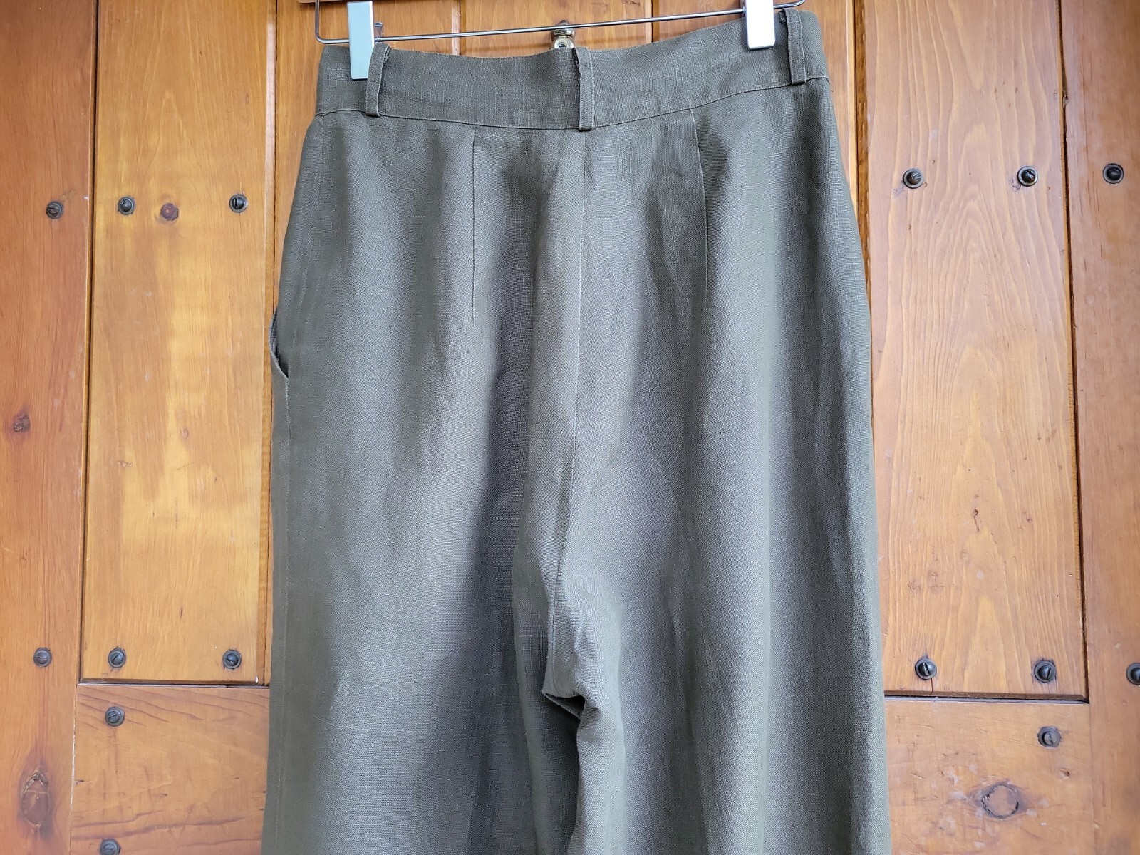 Vintag Lauren Alexandra Sz 8 Olive 100% Linen High Rise Pleated Tapered Trouser