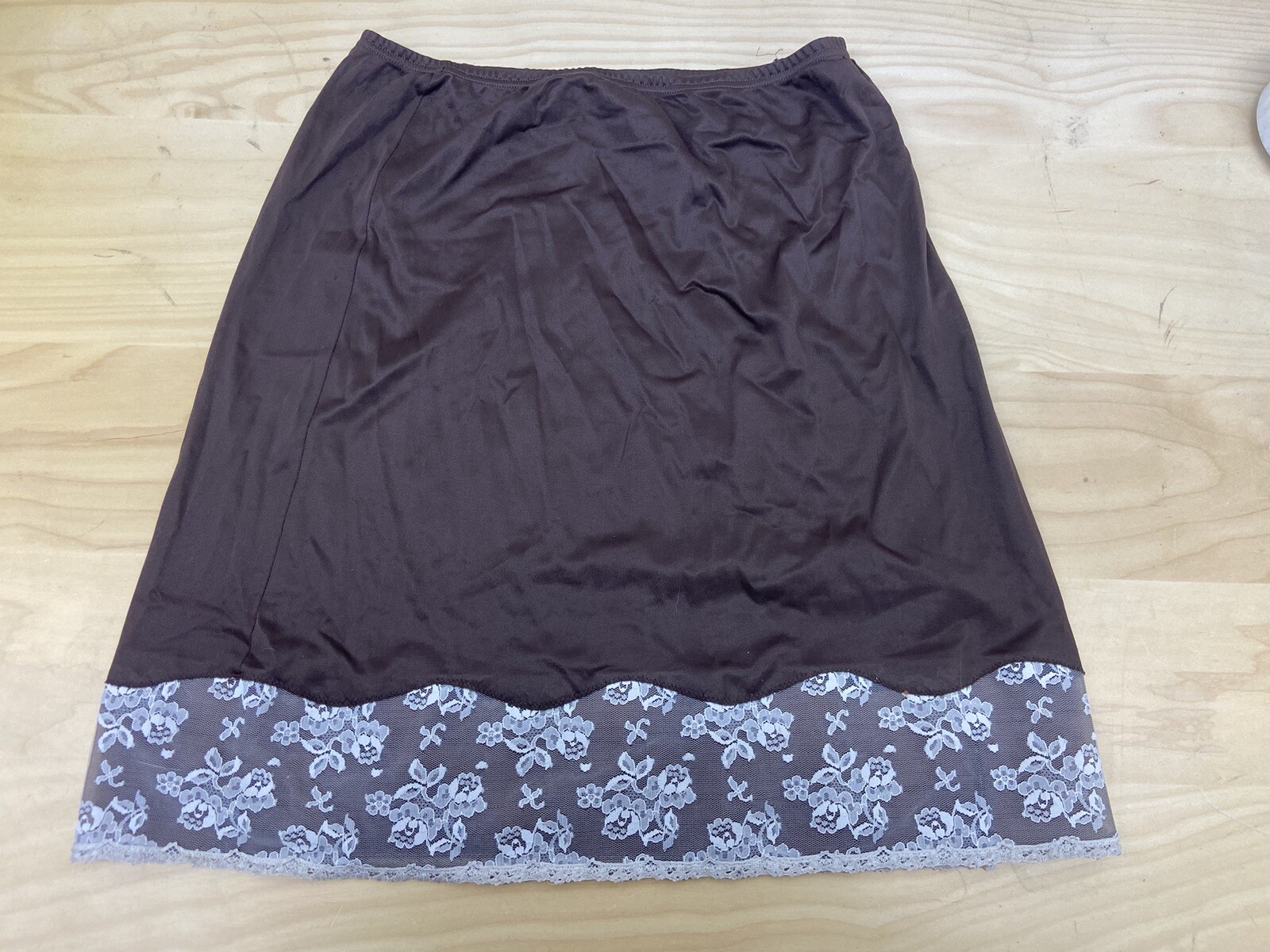Vintage 60s-70s VANITY FAIR Brown Antron Nylon Half Slip with White Lace Slit
