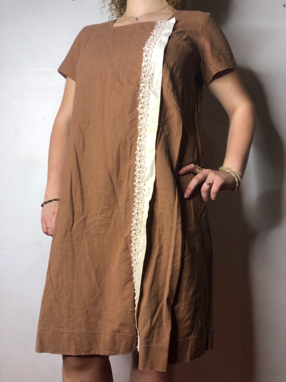 Vintage Revelry 1960s Brown Tunic Dress Linen with Embroidery AU 14