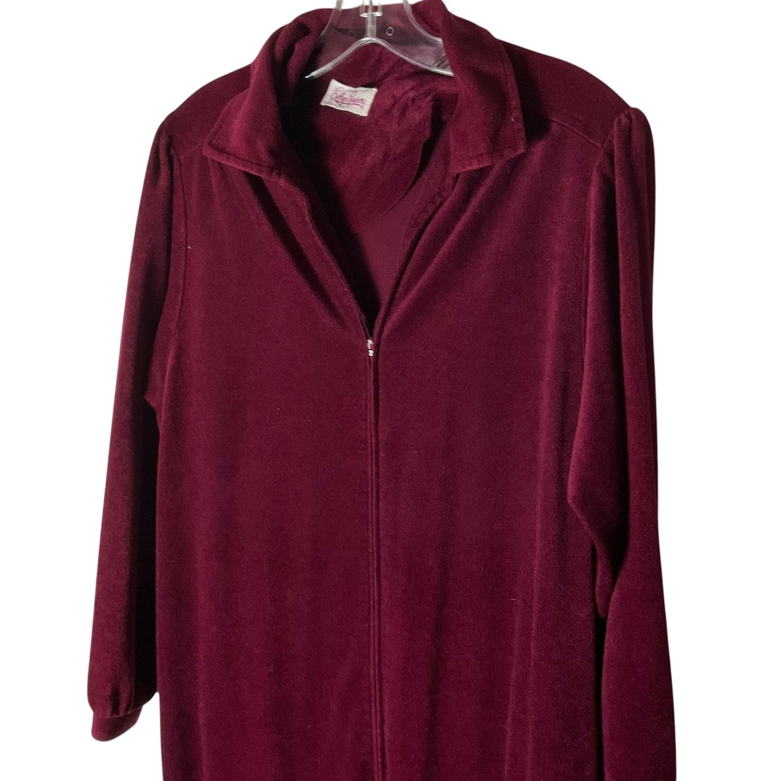 Evelyn Pearson Vintage Velour Robe Burgundy Zip-Front Long-Sleeve Lounger Dress