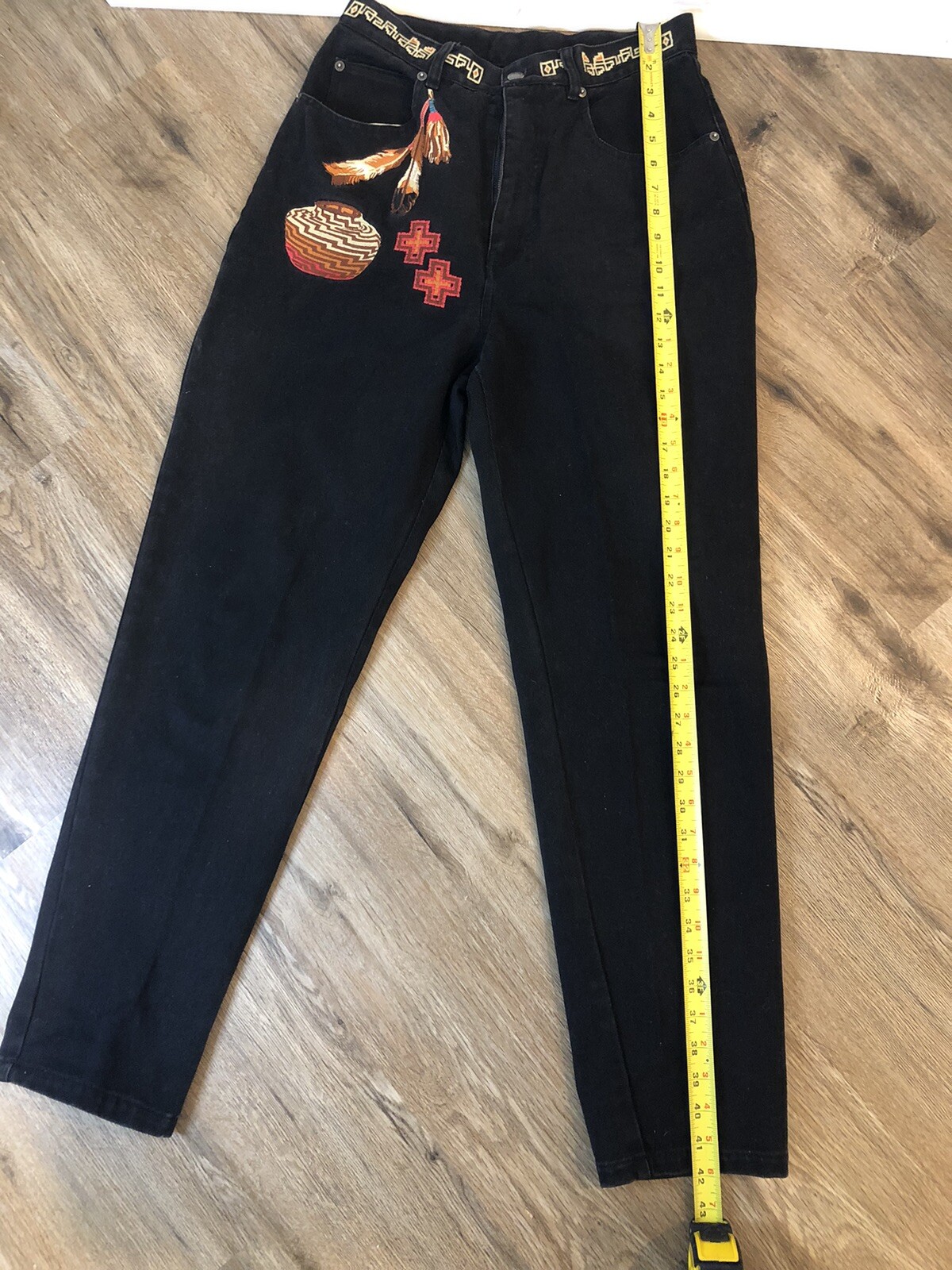 90s Cambridge Dry Goods Native Feather Kachina Black Tapered Jeans Size 10