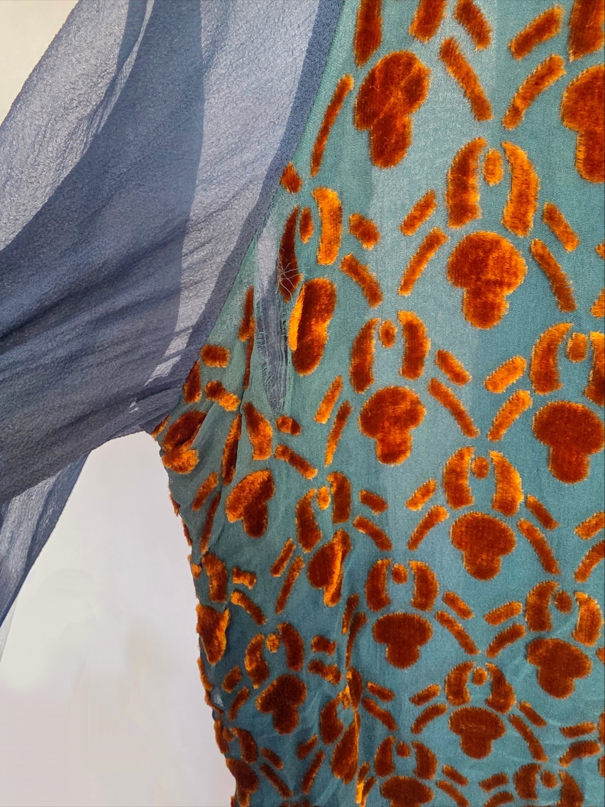 Authentic 1920s Silk Chiffon Burnout Velvet Dress | Art Deco Blue & Copper…