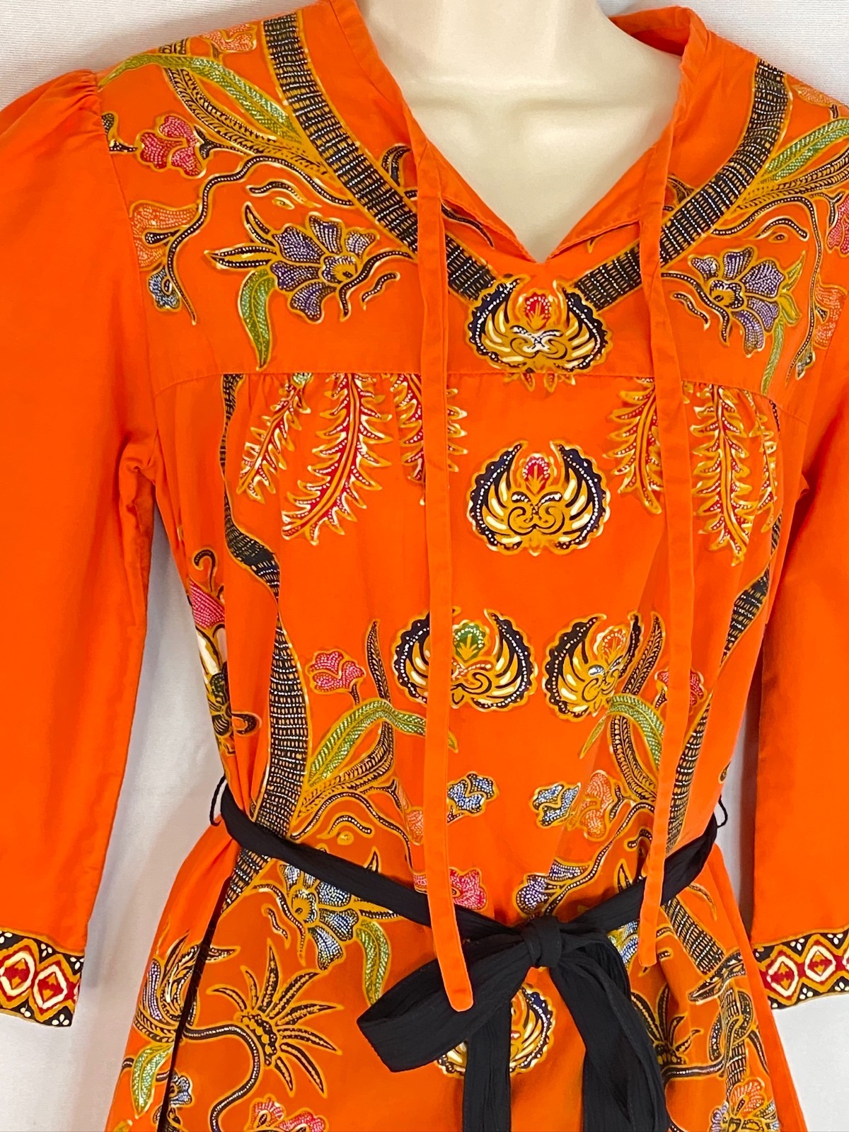 Vintage 1970s orange dress S cotton 1/2 sleeve A line tunic batik boho knee midi