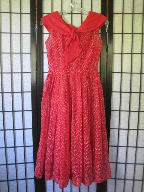 Vintage 1950s Sheer Dress Red White Swiss Dots Sailor Look Rhinestones 32 XS S