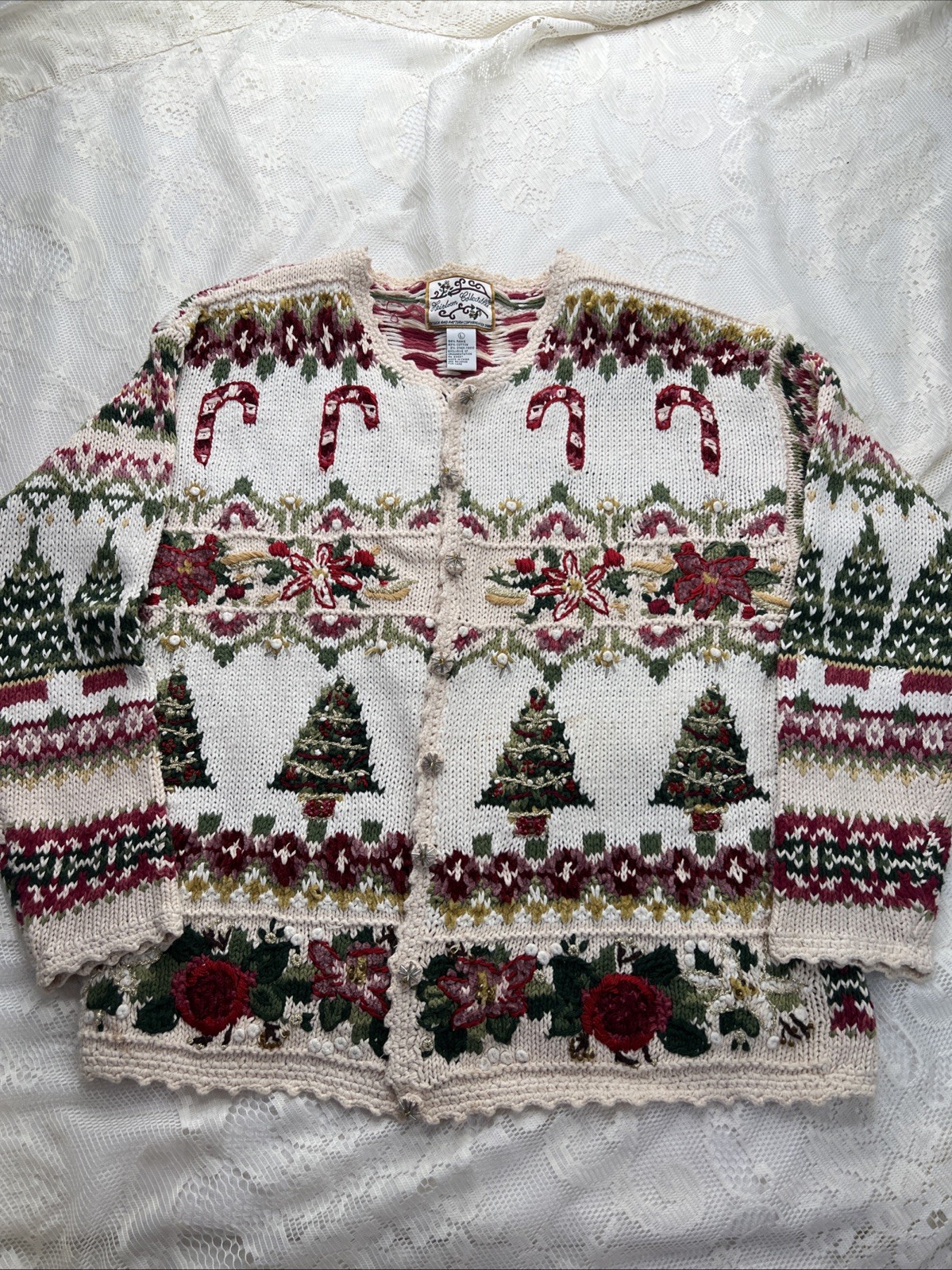 VTG Heirloom Collectibles Cardigan Sz L Knit Sweater Christmas Holiday Tree Bead