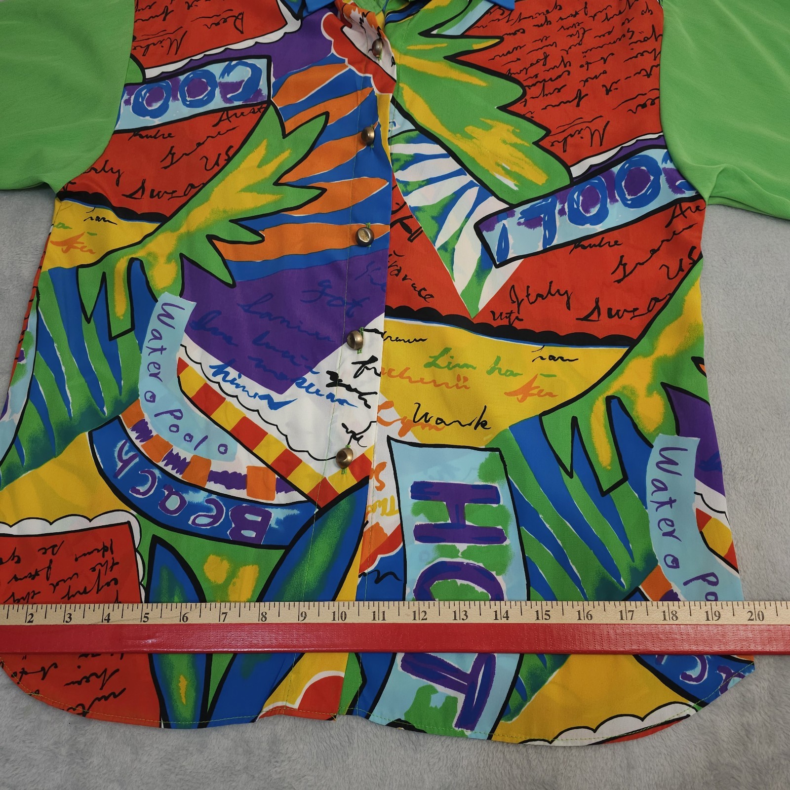 Vtg Bold Colorful Blouse 1980s Travel Novelty Print USA Med Lrg Big Button Silky