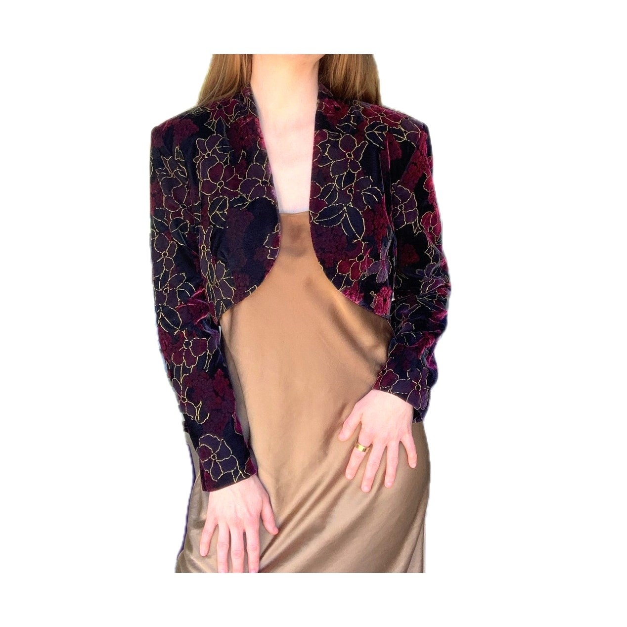 Vintage Velvet Floral CDC Evening Bolero Jacket Womens M 90s Party Cropped