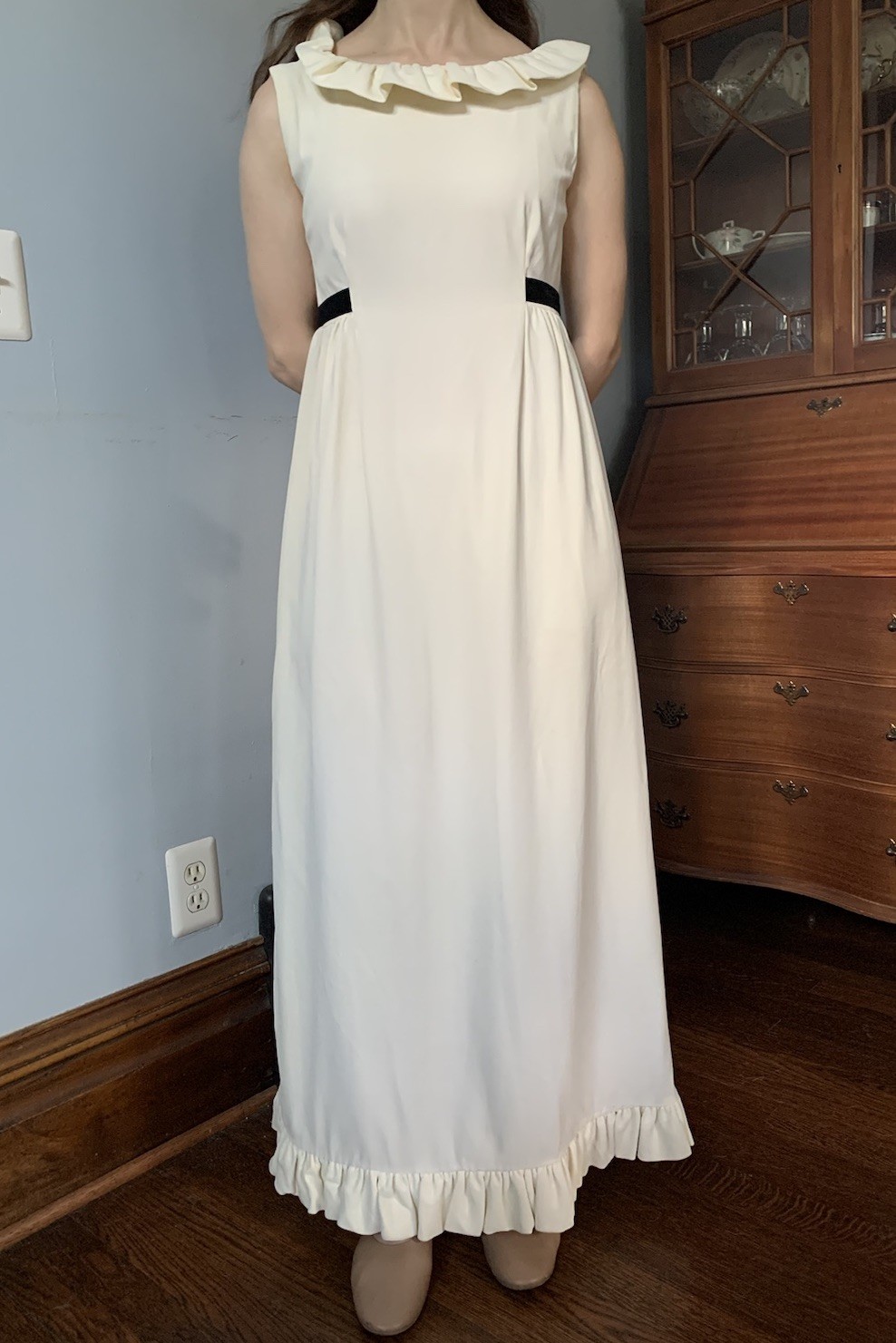 Vintage 1960s 1970s Cream/white maxi dress with Ruffles and black velvet ties. S
