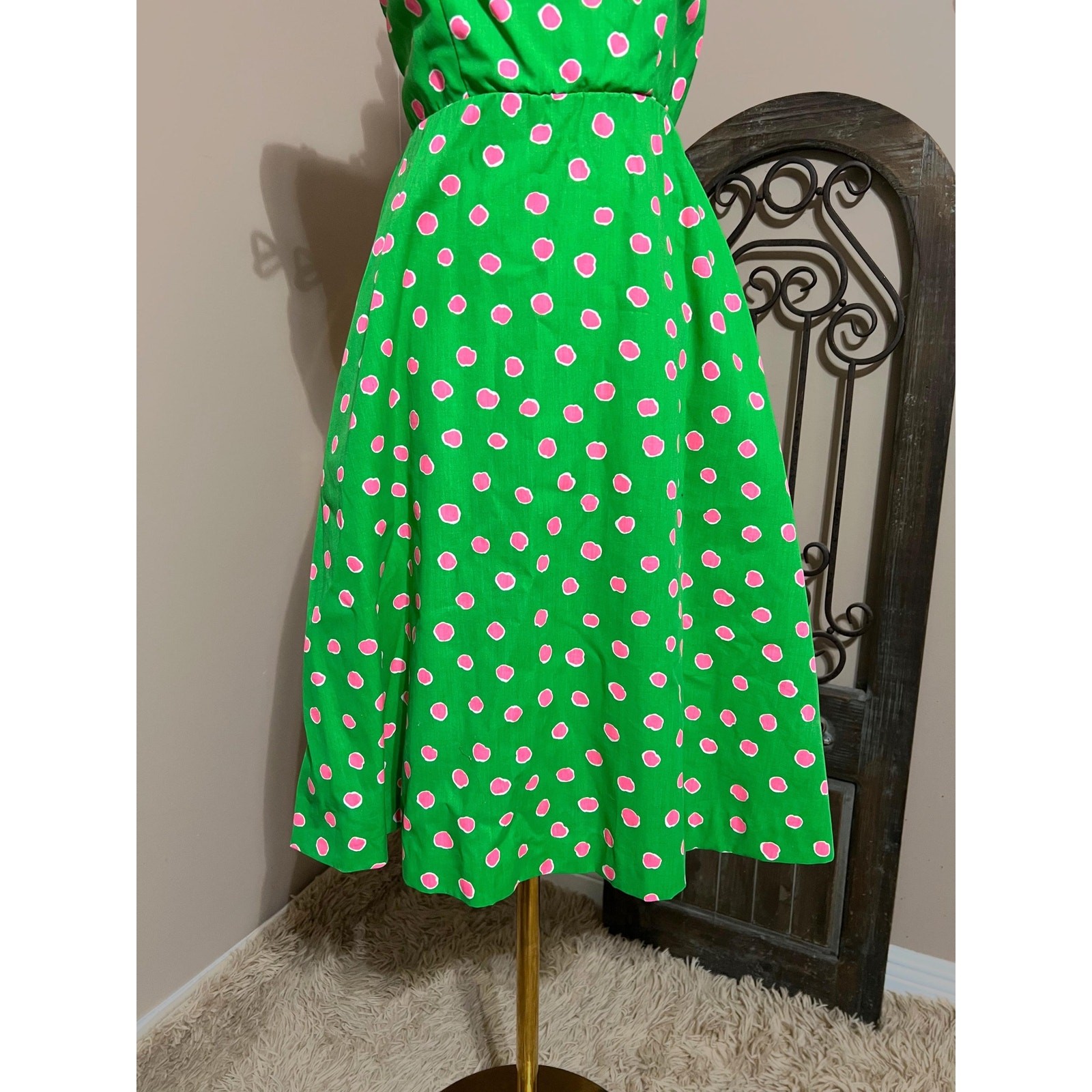 Vintage 60s 70s Green & Pink Polka Dot Tank Sundress Colorful Retro Mod Size S