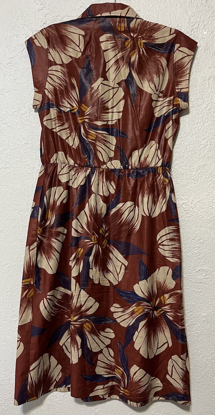 Vintage CALIFORNIA GIRL Short Cap Sleeve Long Floral Dress Sz 12 Brown Wet Look
