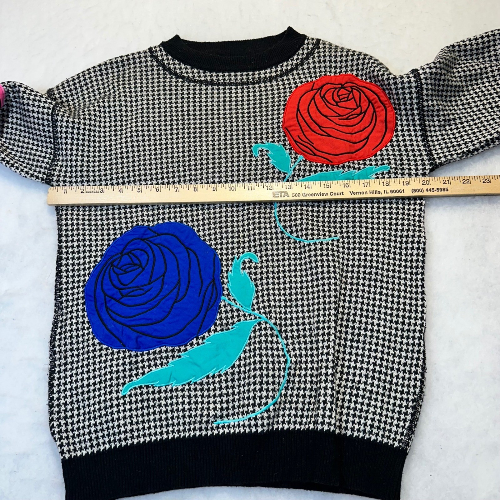 Mondi Houndstooth Rose Sweater Women 38 M Black White Floral Eclectic Vintage