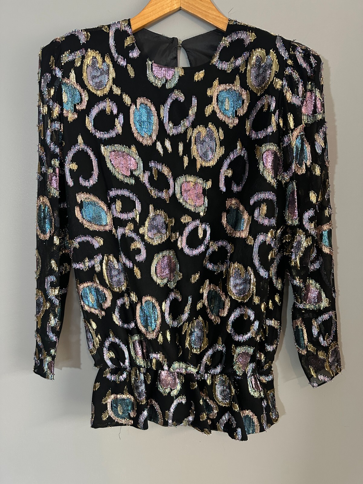 Vintage Simon Sez Women Blouse Med 9/10 Metallic Peplum 80s Glam Shimmer Top USA