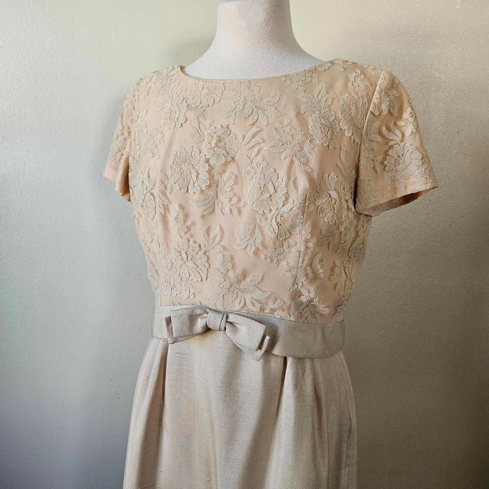Vintage 50s 60s Beige Cream Bridal Lace 2 Pc Church Dress Set Sheath Mad Men S/M