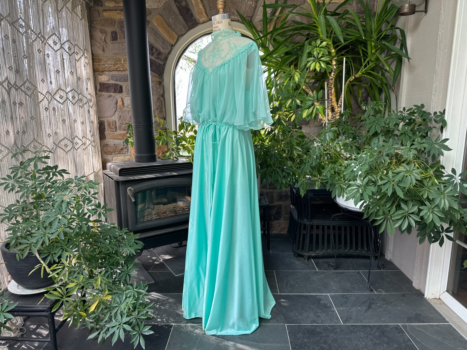 Vintage 1970s Light Green Knit and Chiffon Lace Maxi Dress