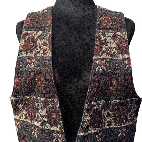Vintage Gotcha Covered Tapestry Floral Woven Burgundy Blue Boho Womens Vest Lg