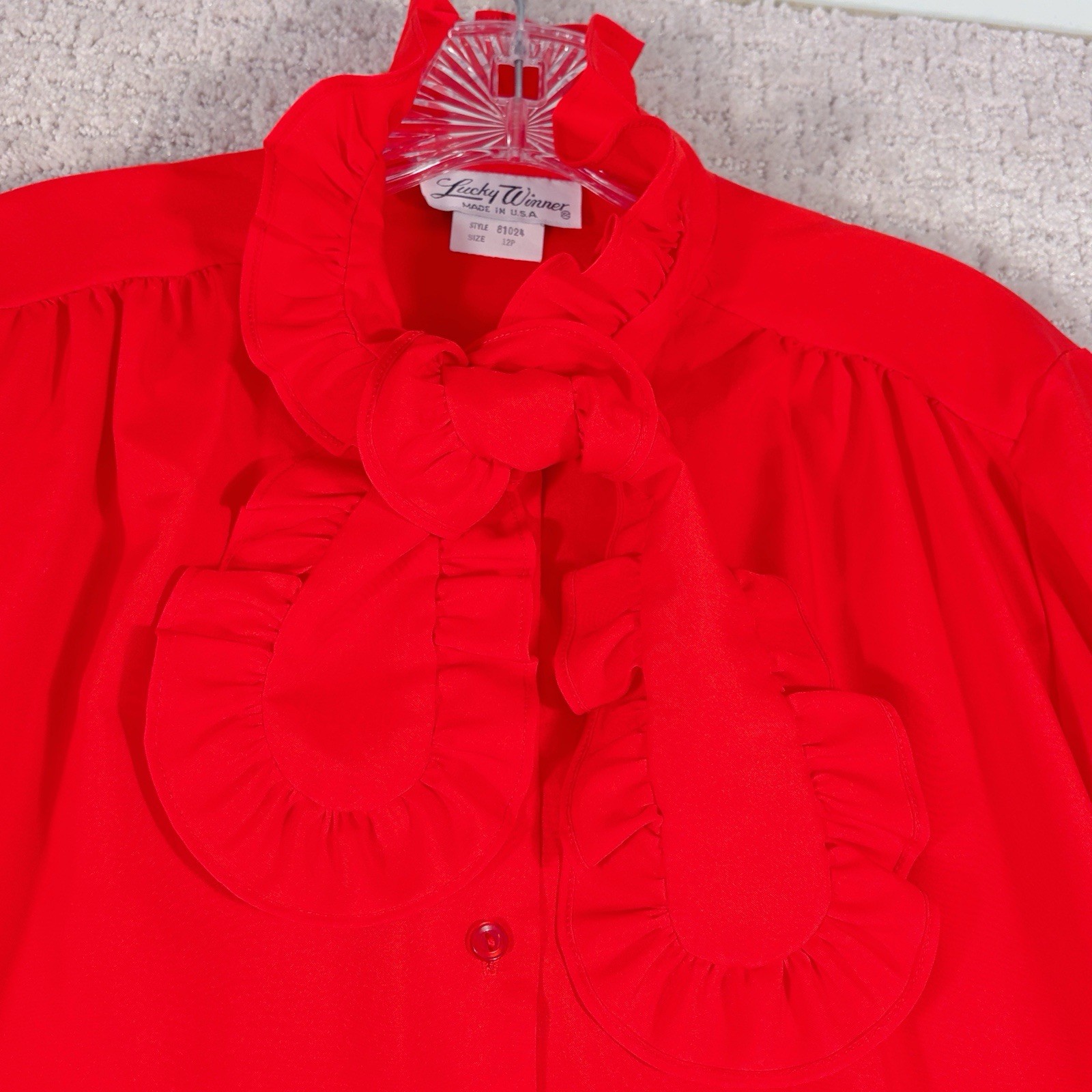 Vintage Lucky Winner Red Career Blouse Size 12P Petites Secretary Geek Tie Sash