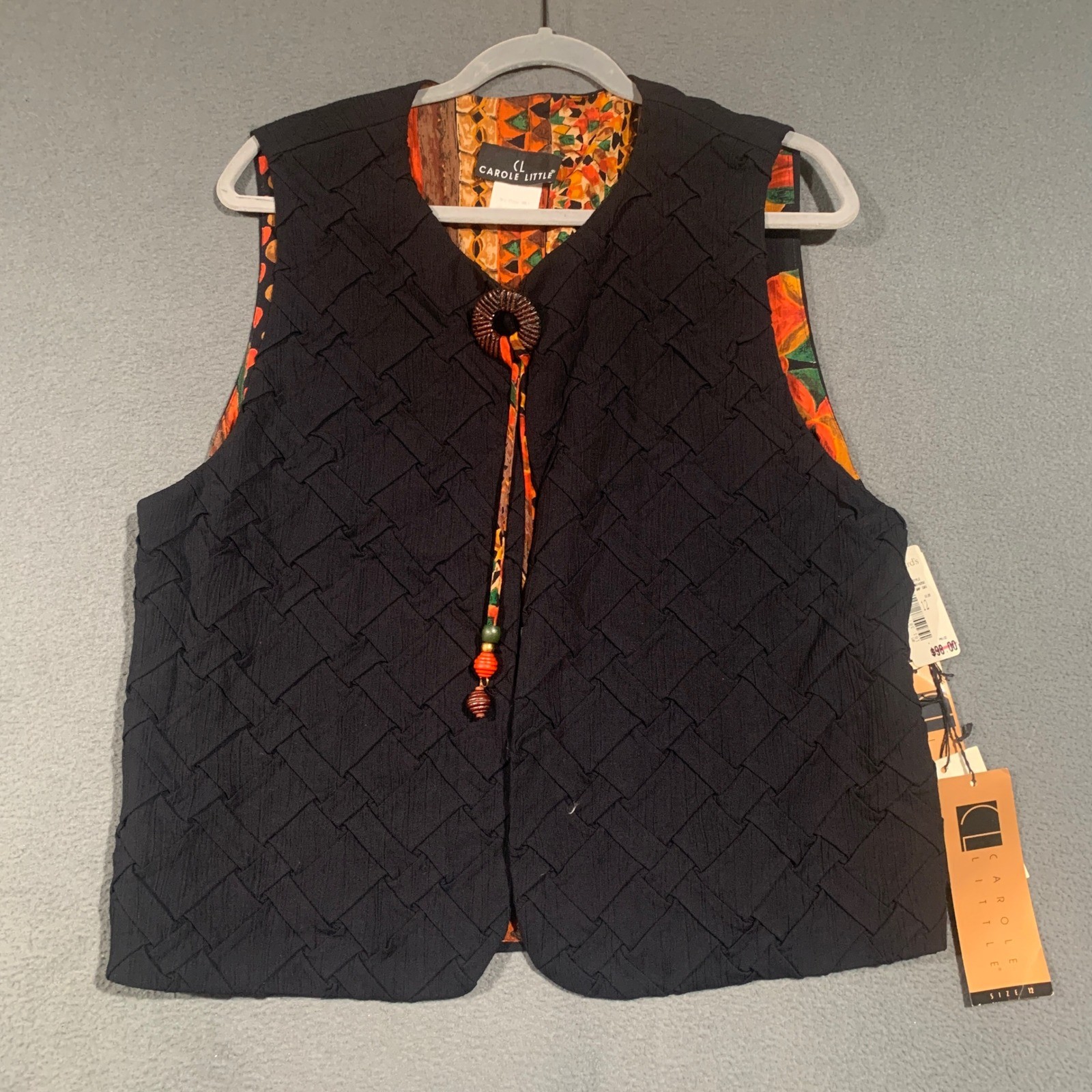 Carole Little Woven Vest Womens 12 Black Textured Geometric Art To Wear 90s NEW