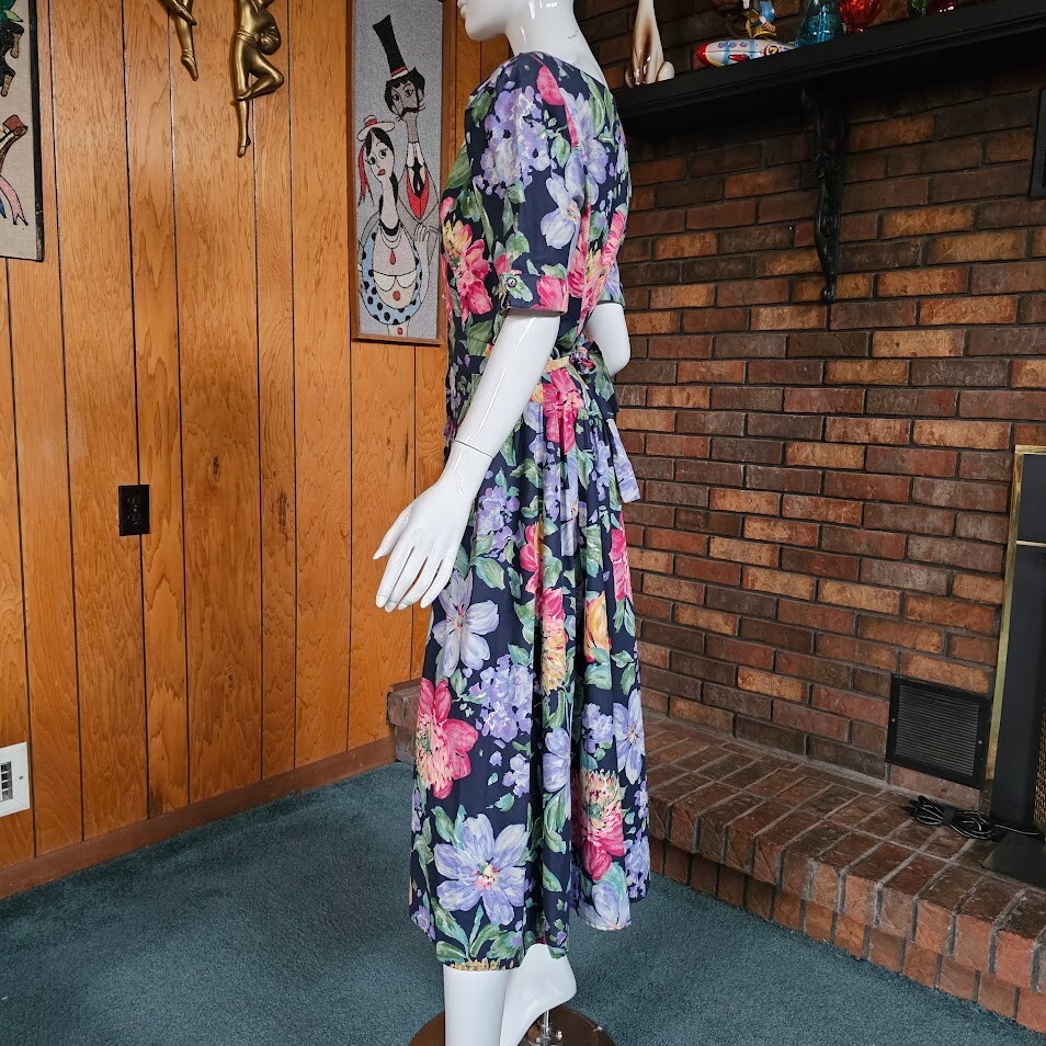 Vtg 80s Trad Wife Impressionist Floral Princess Waist Puff Sleeve Tea Dress M/L