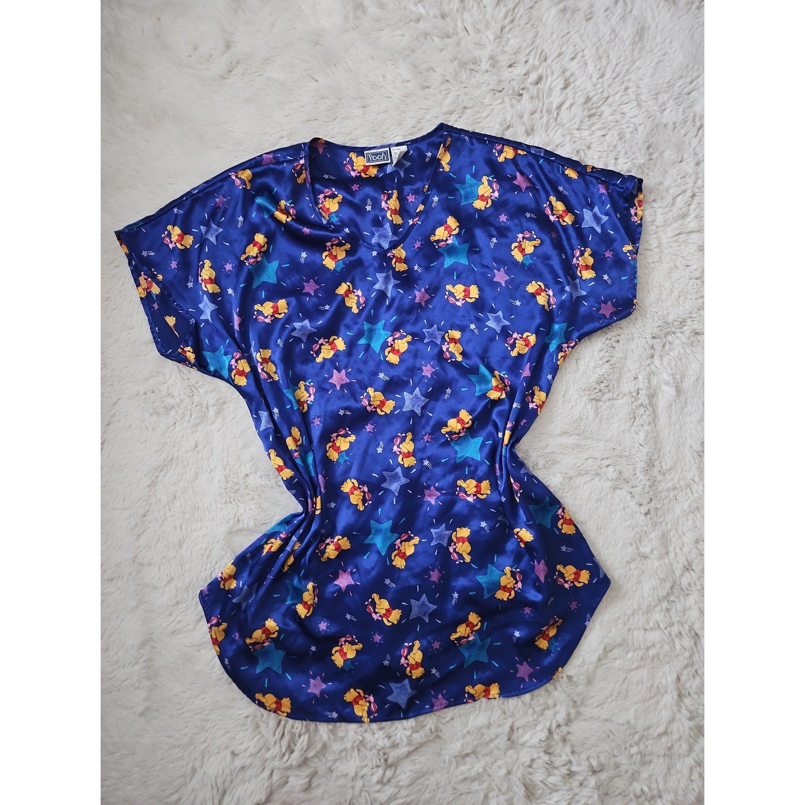 Vintage Winnie The Pooh Disney Satin Nightgown XL Blue Stars Sleepwear Dress
