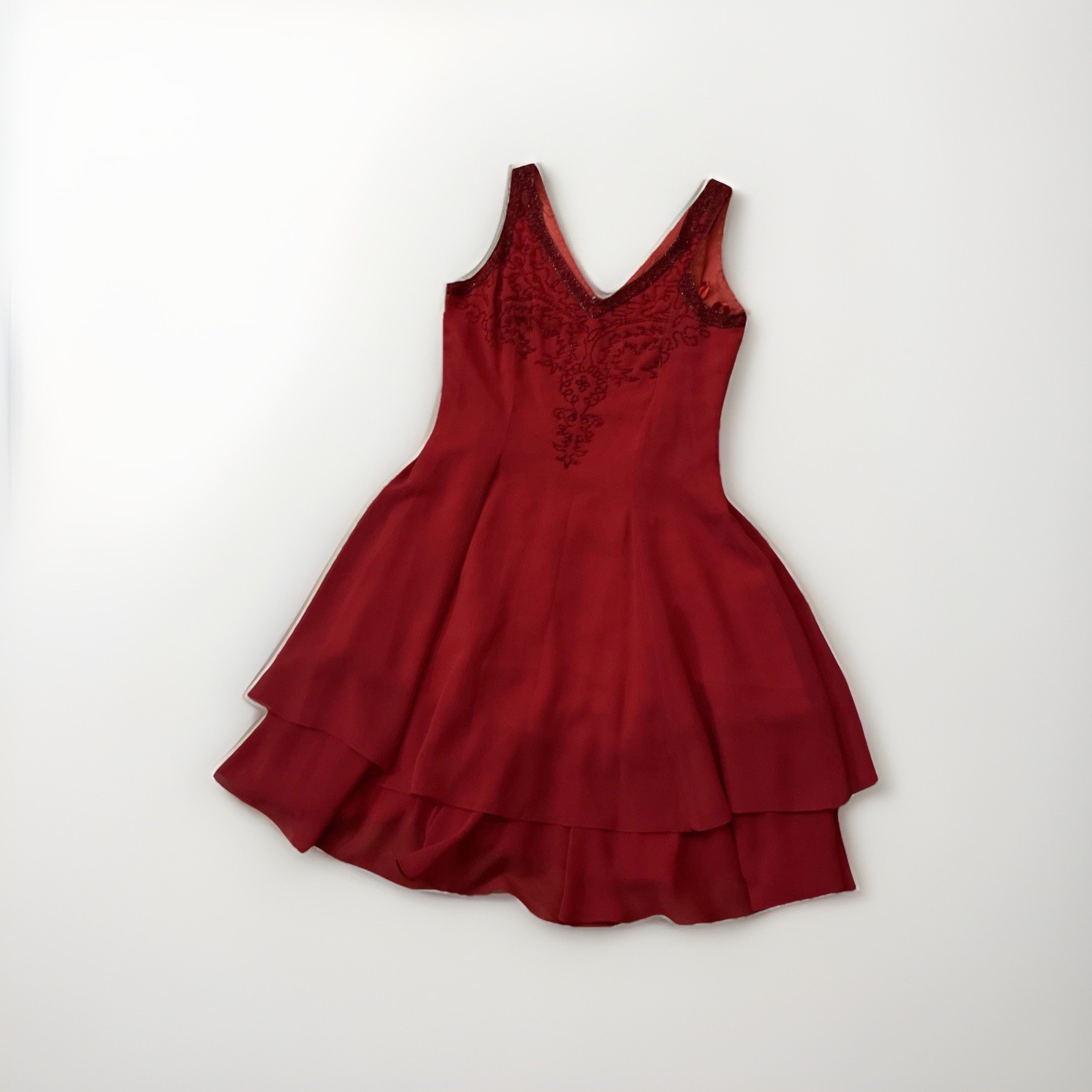 Vintage Peak Sequined Beaded Red Dress Size 8 Sleeveless Lined Silk Dress