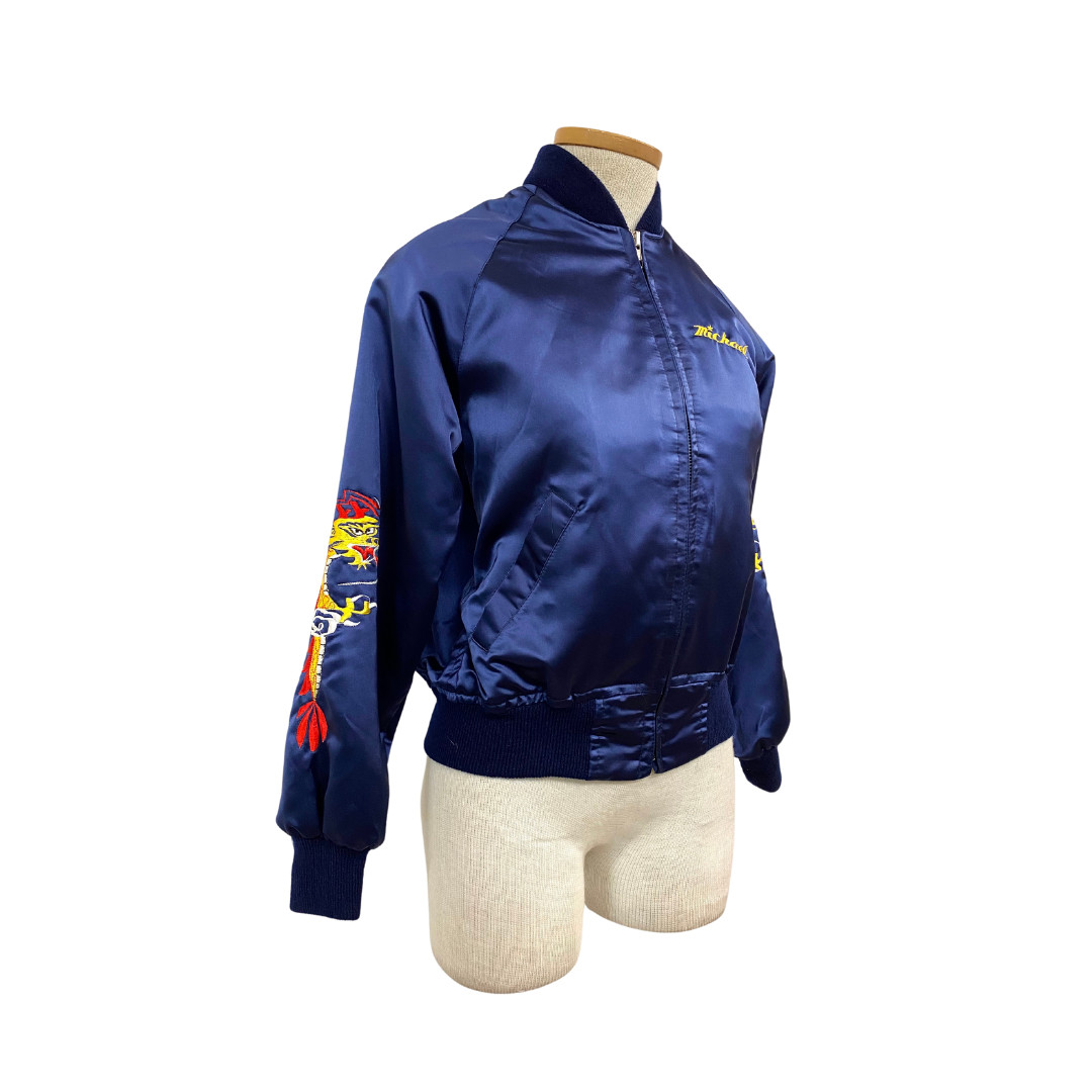 Vtg Vintage 1980s 80s Navy Dragon Embroidered Korean Souvenir Bomber Jacket