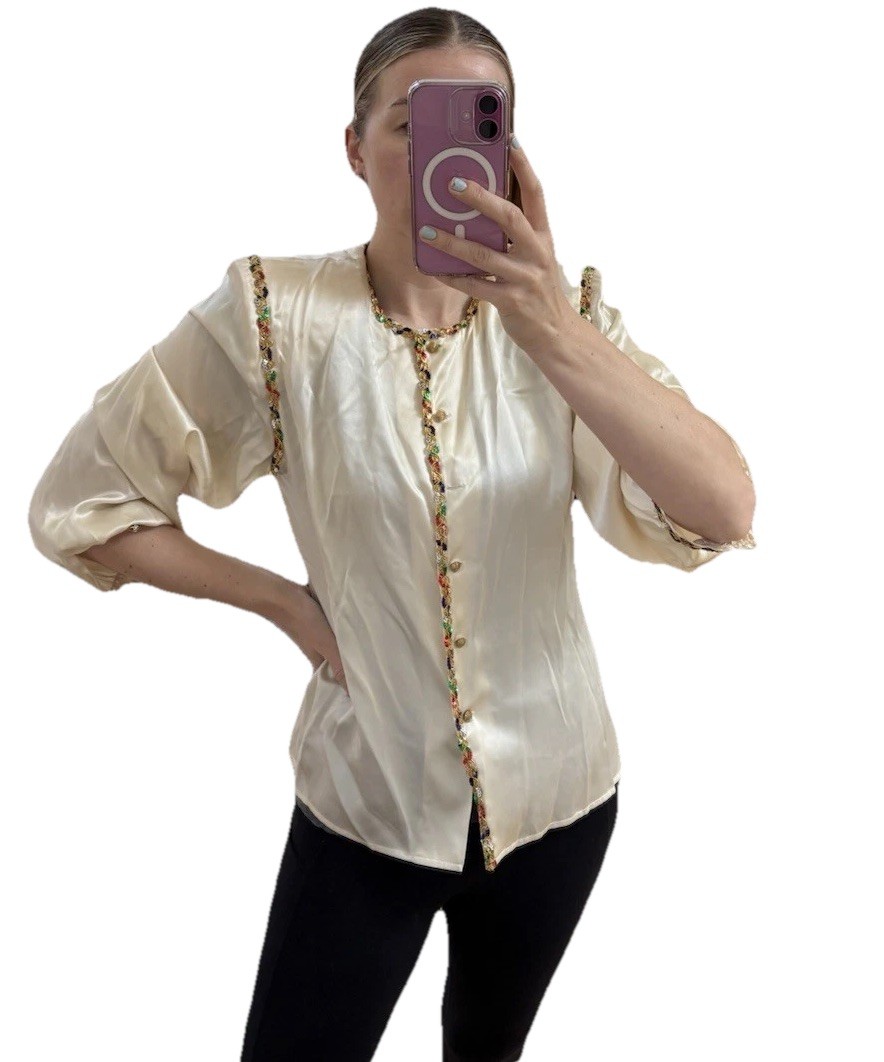Vintage Maggy London 100% Silk Sequin Blouse Button Up Champagne Color M/L