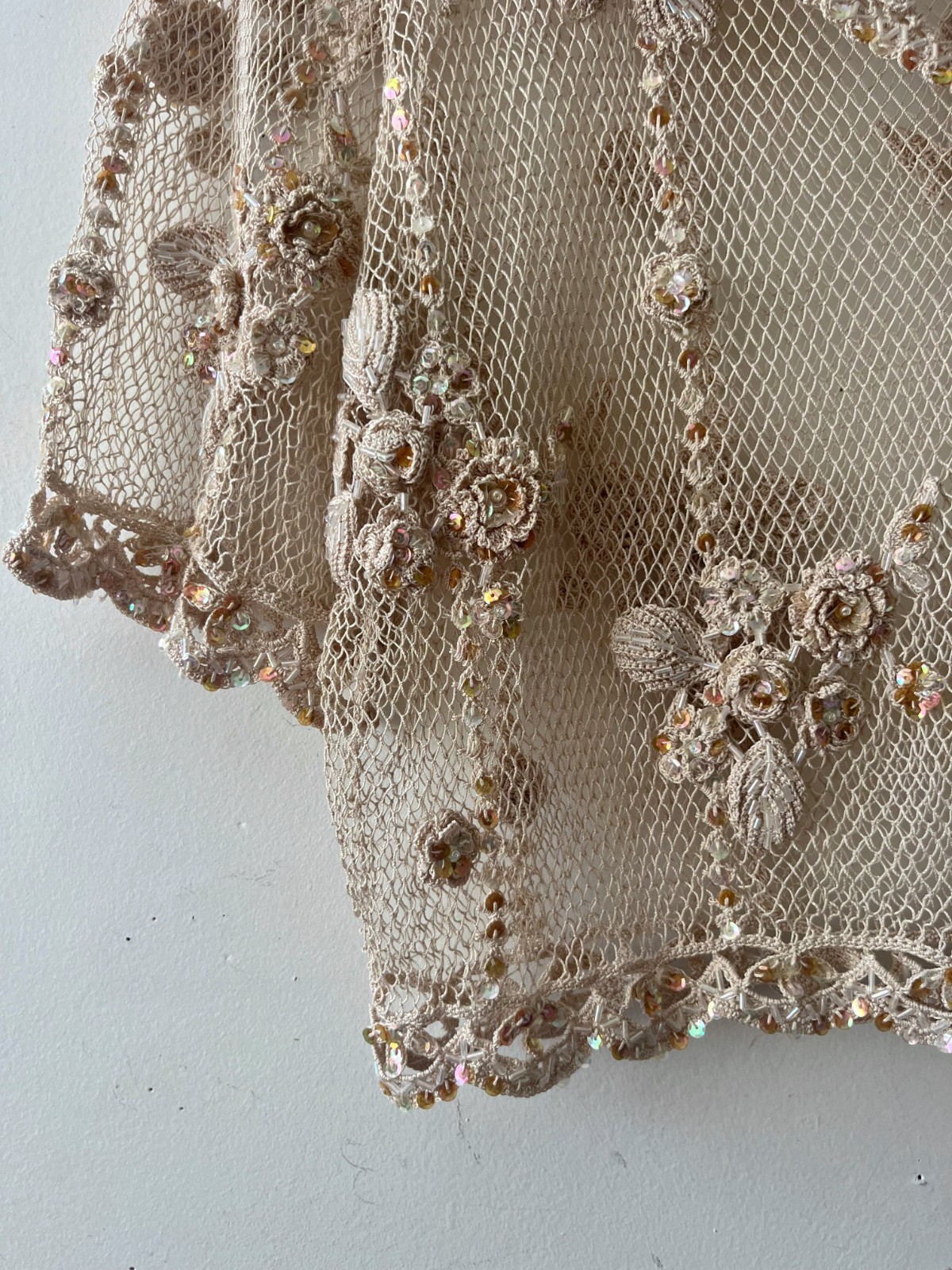 Vintage 80s Crochet Floral Fishnet Top Cottagecore Cover-Up Medium