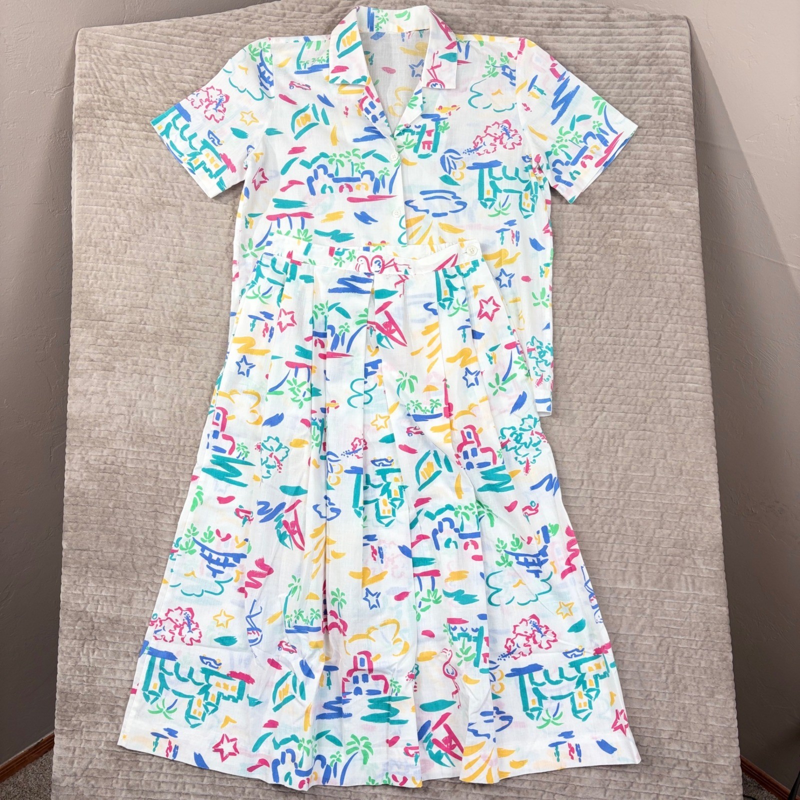 Vintage Country Suburbans 2 Piece Set Tropical Flamingo Skirt Shirt Set Size 8