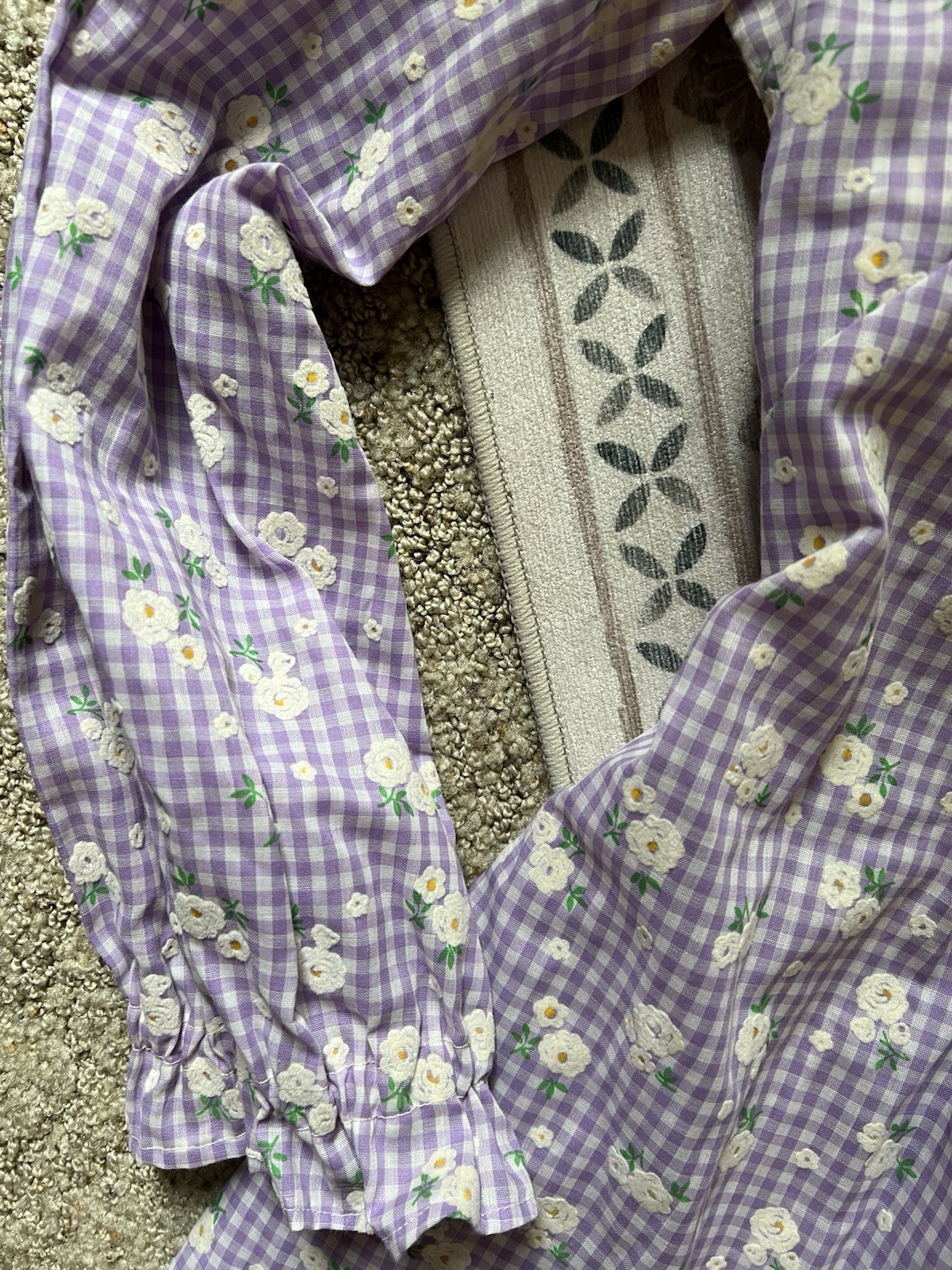 Vintage 1970s Lilac White Gingham Floral Cotton Tieback Dress M/L Homemade