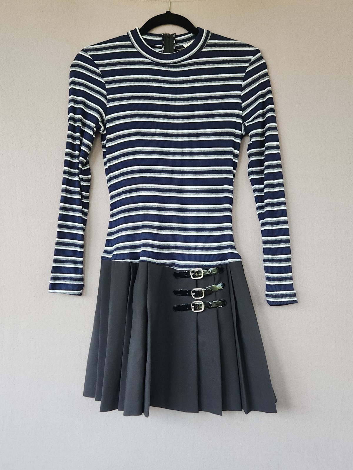 VTG 90s Dress Mini 7 Rampage Striped Ribbed Pleated Buckles USA Y2K Grunge Goth